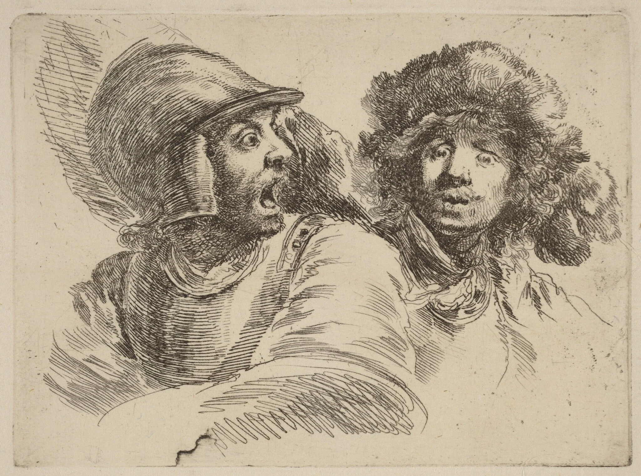 Frightened Soldier and Man with Fur Cap, by Stefano Della Bella, ink, 1637