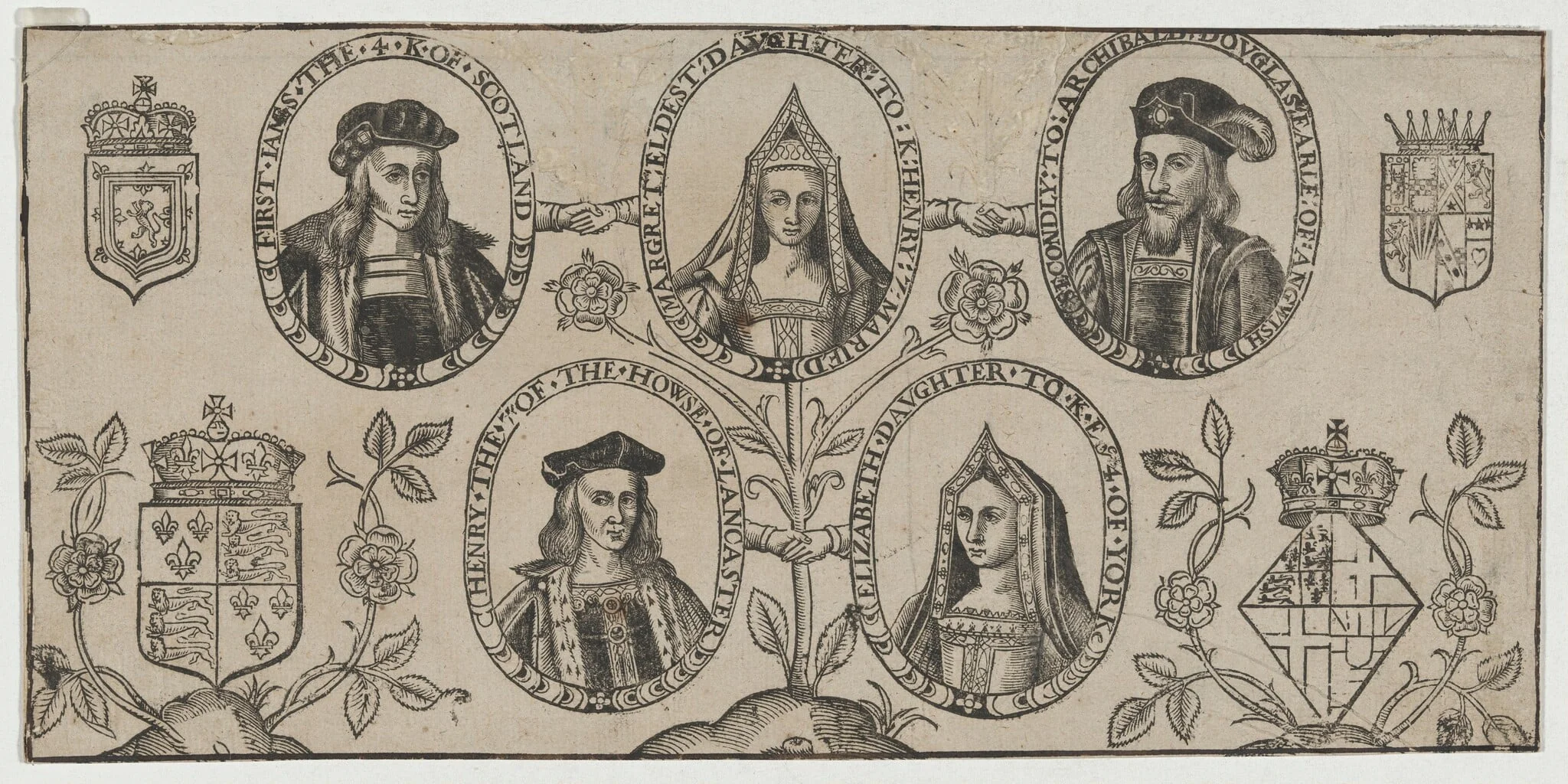 James IV of Scotland, Margaret, Daughter of Henry VII, Archibald Douglas, Earl of Angus, Henry VII, Elizabeth of York, by Unknown 19th Century, ink, 1850