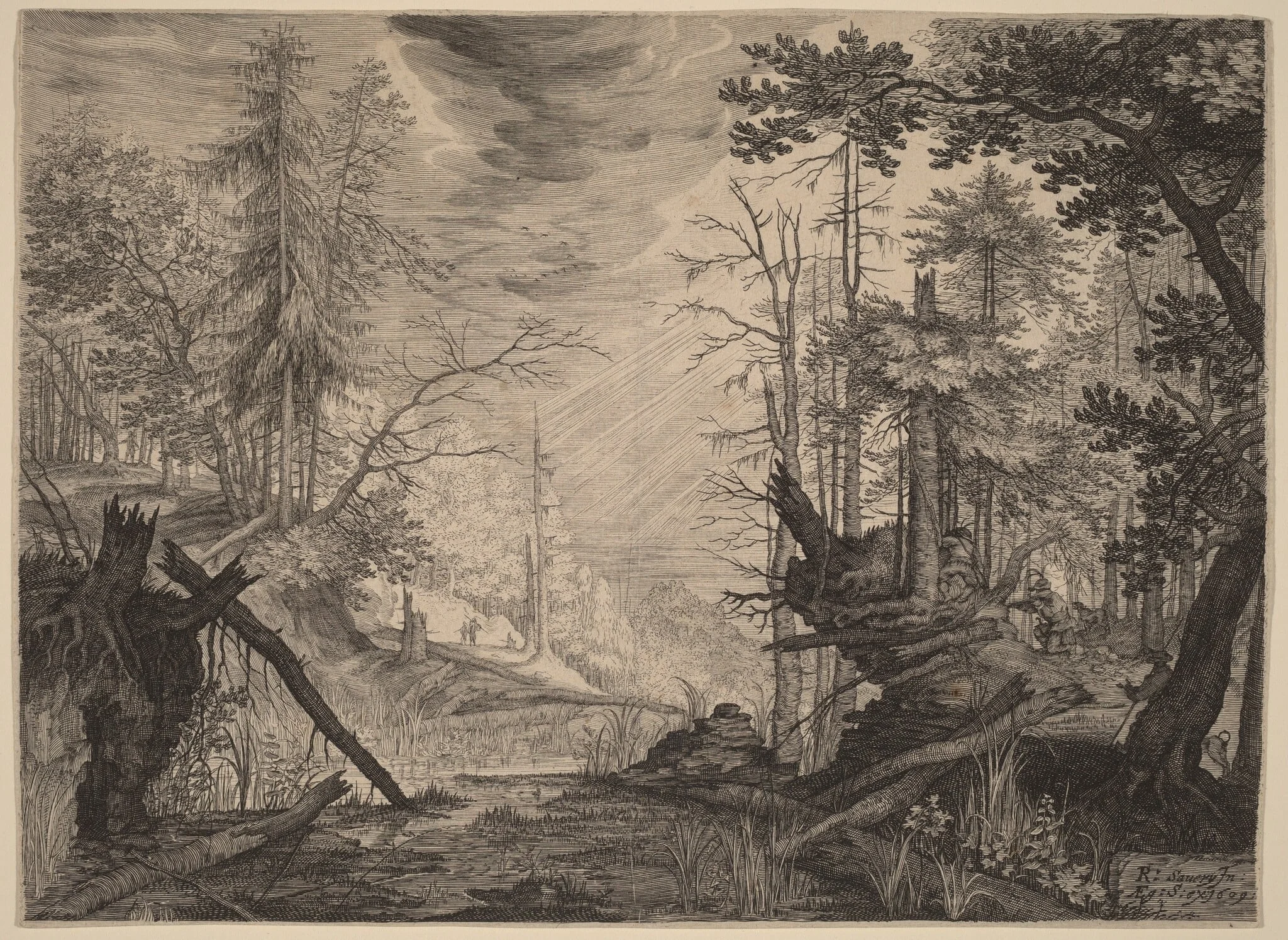 Three Hunters and Two Dogs near a Pool, by Aegidius Sadeler II, ink, 1609