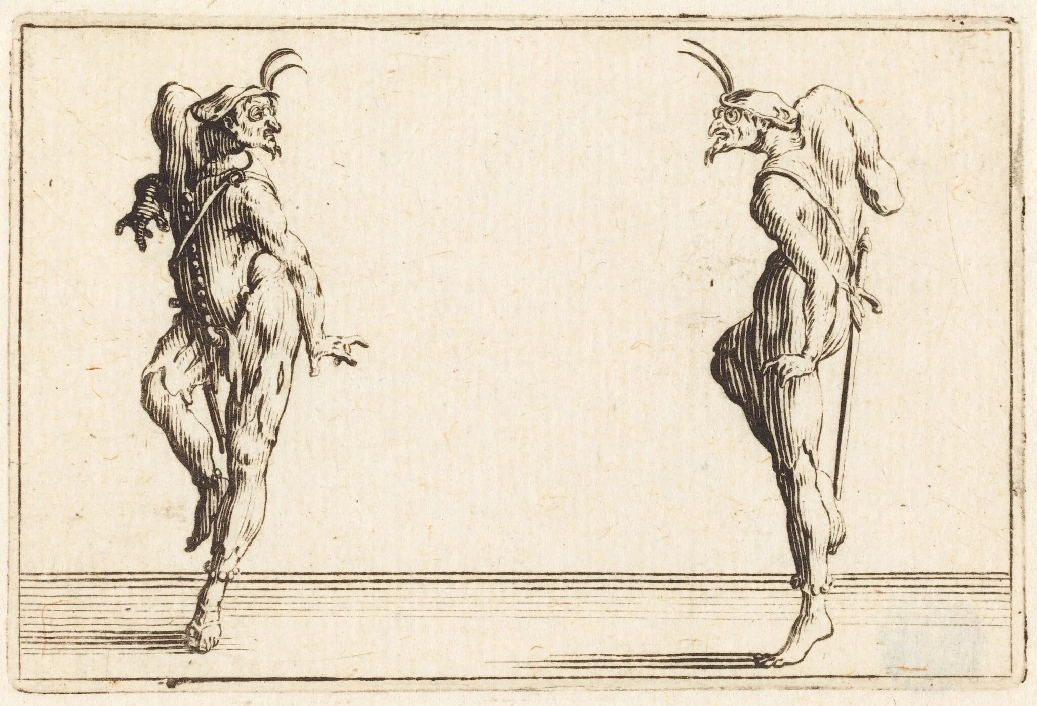 Two Pantaloons Dancing, by Jacques Callot, ink, 1622