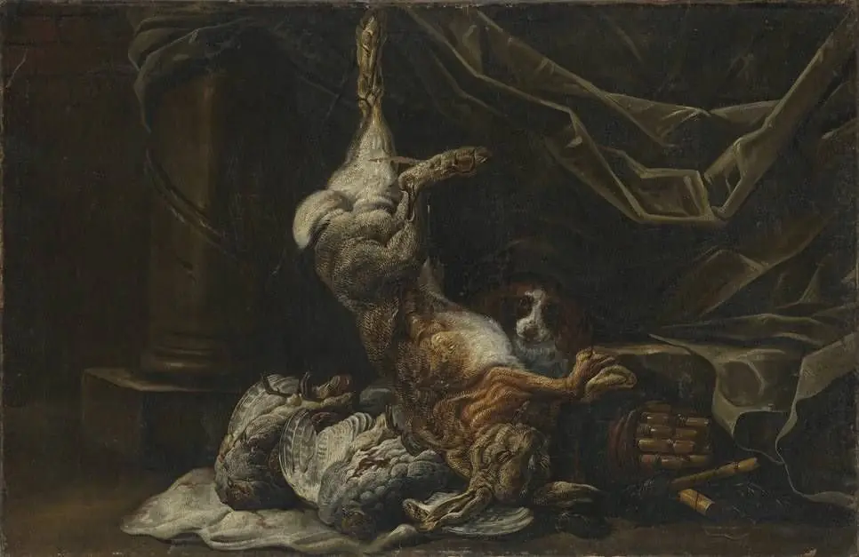 Hunting still life with a hare and two partridges