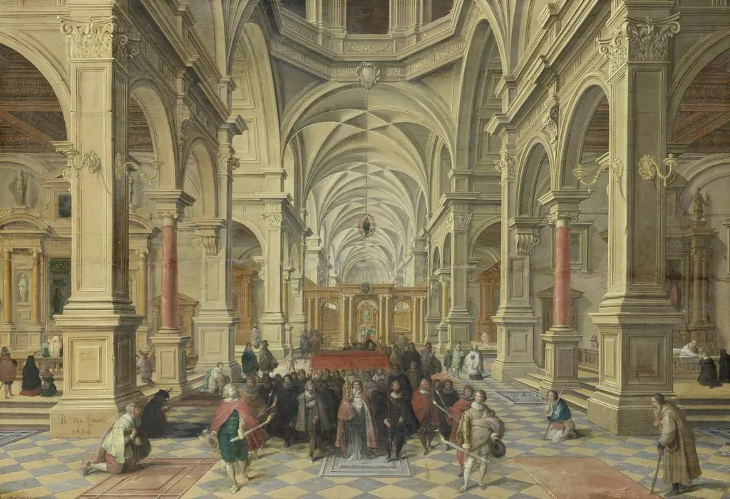 Imaginary church interior with a procession