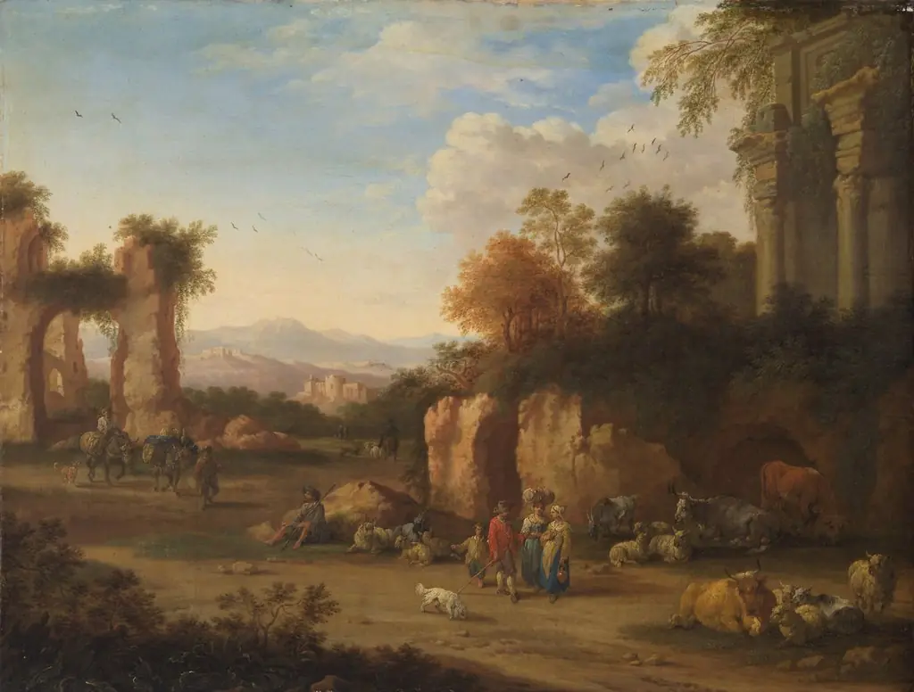 Italian landscape with ancient ruins and peasants