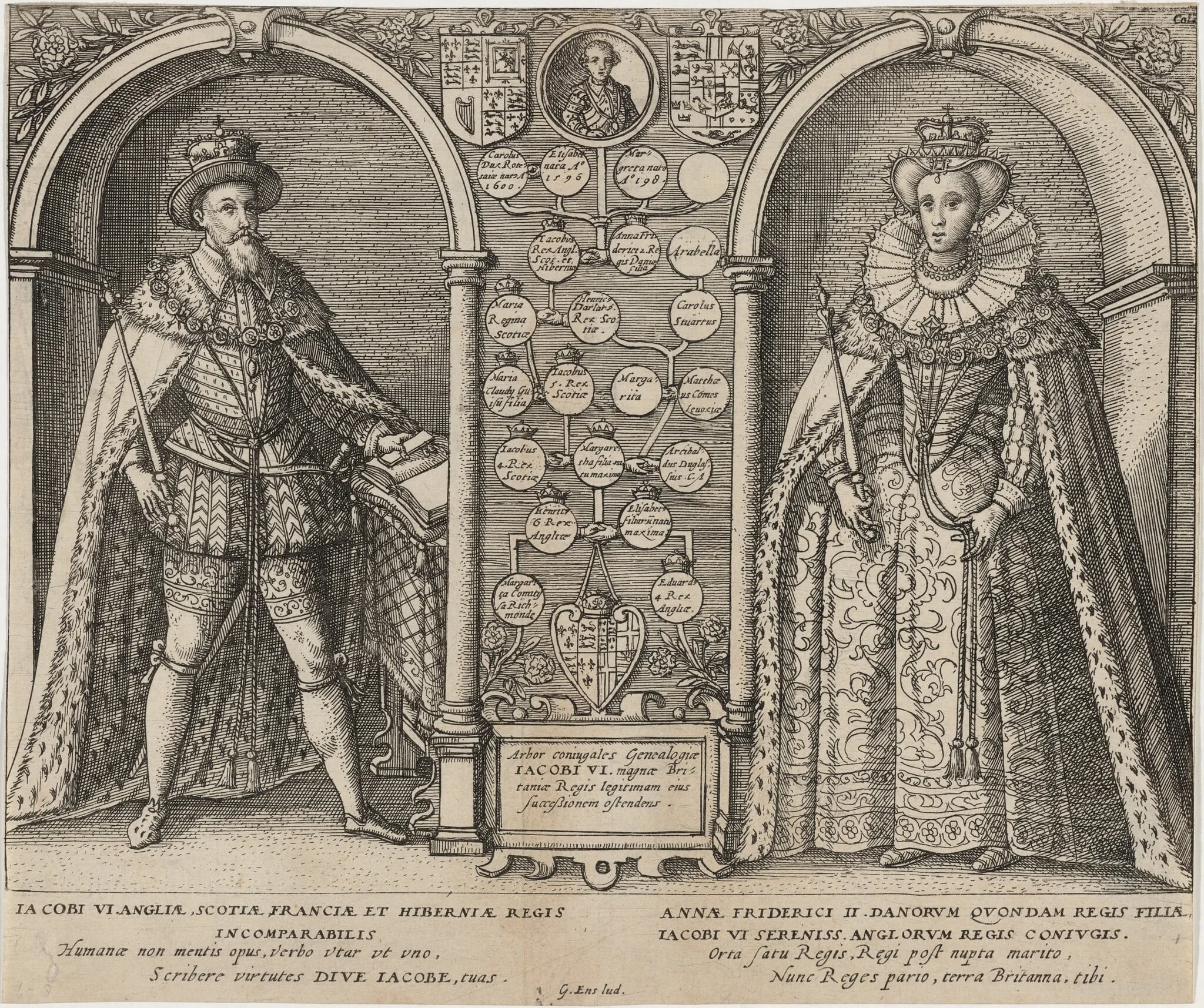 James I and Anne of Denmark with GeneologicalTree, by Unknown 19th Century, ink, 1850