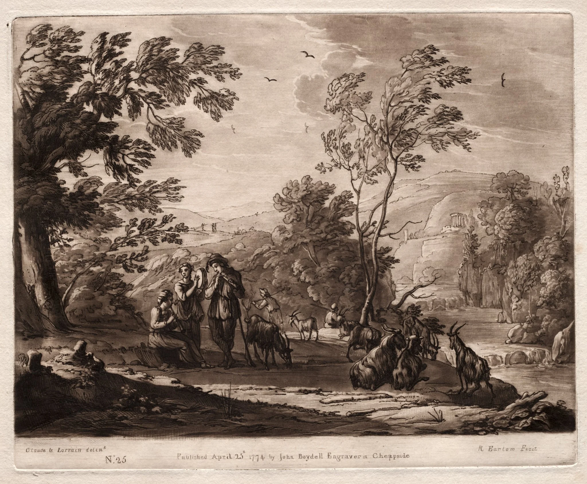 Liber Veritatis:  No. 25, A Mountainous and Wooded Landscape with Shepherds Playing and Goats Browsing, by Richard Earlom, 1774