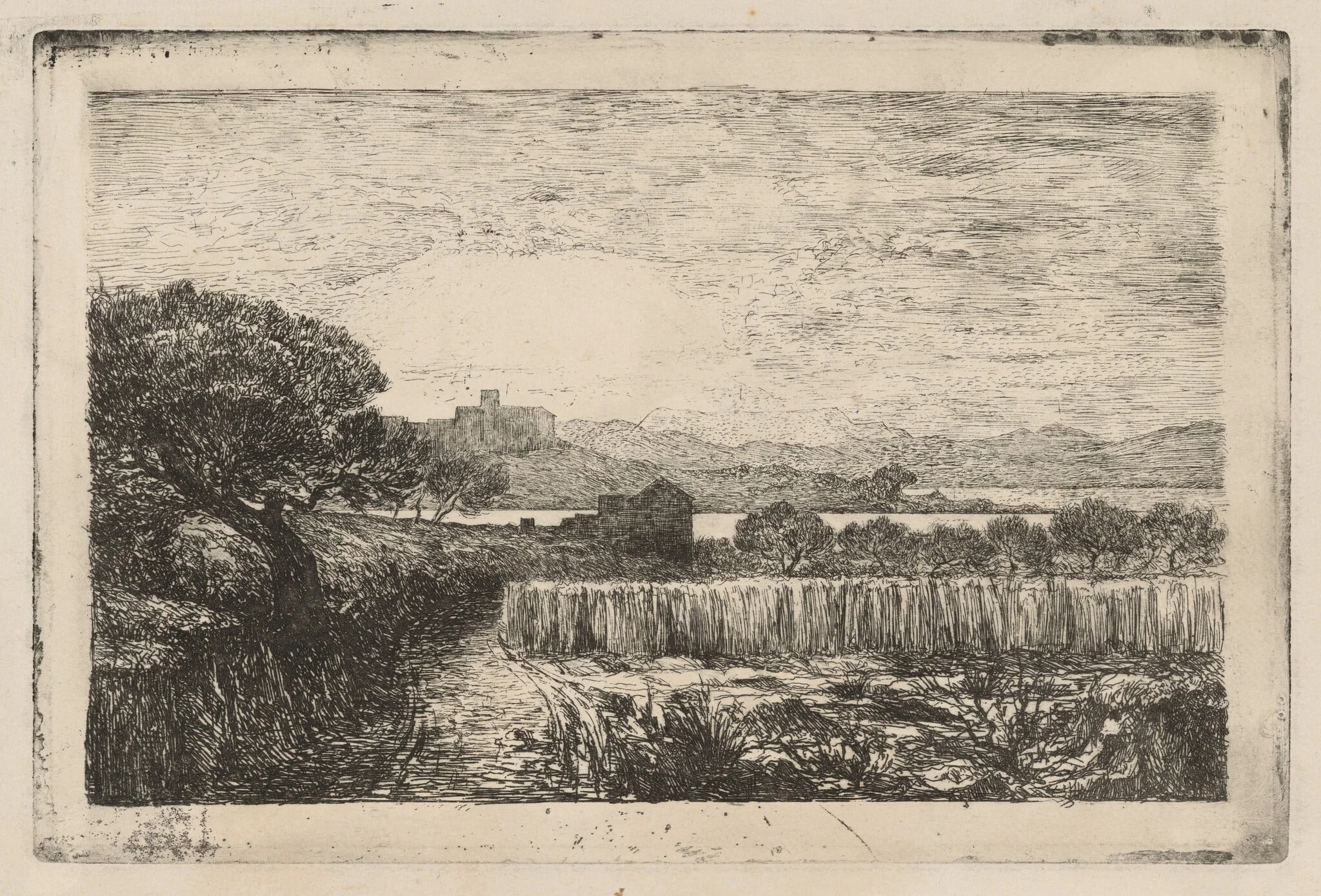 Village Overlooking a Bay, by André-Marie-Paul Borel, ink, 1881