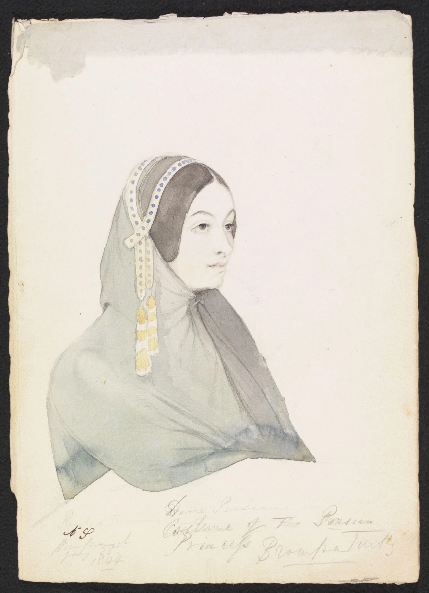 Costume of the Persian Princess  Broussa Turkey, by Godfrey Thomas Vigne, watercolor, 1844
