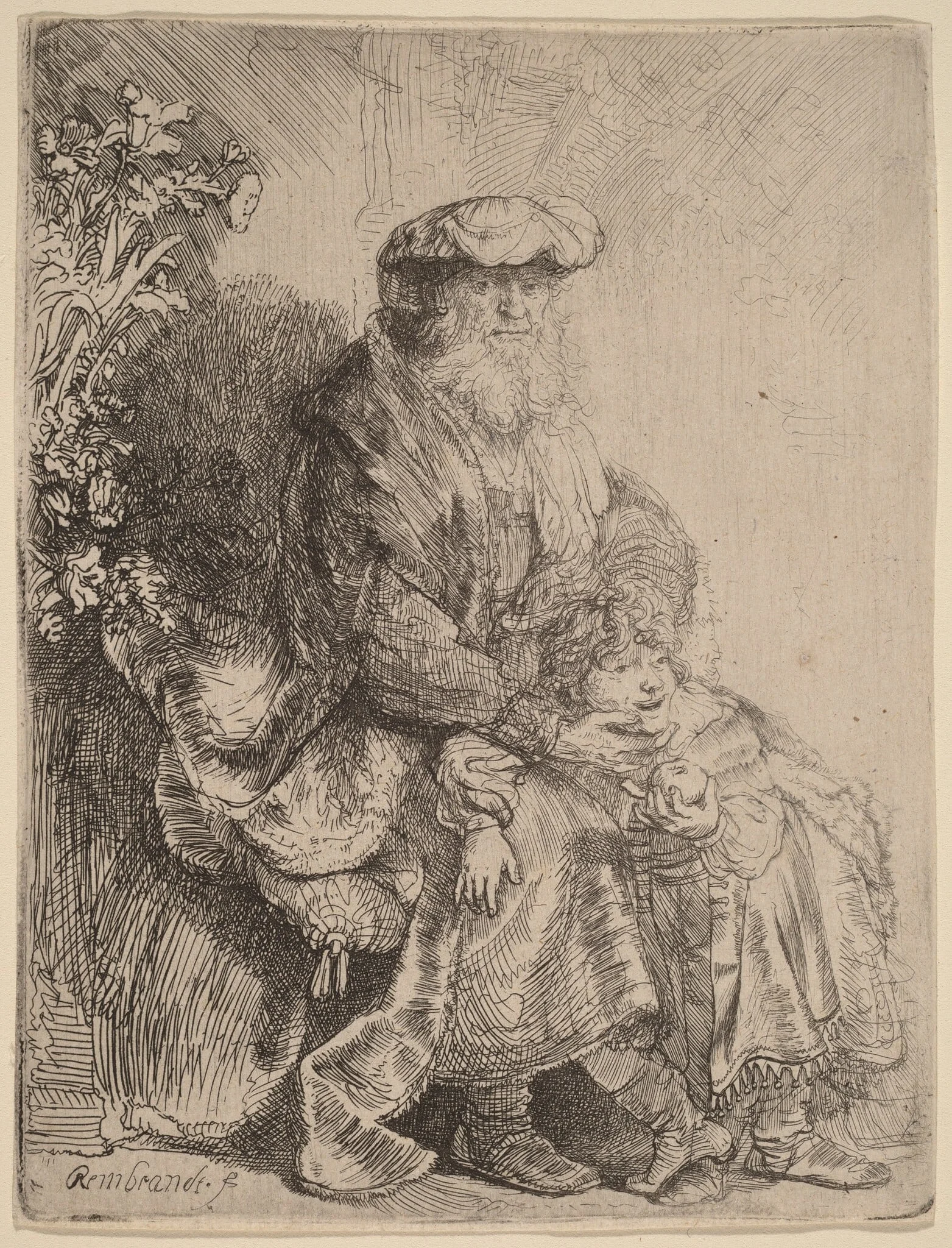 Abraham Caressing Isaac, by Rembrandt, ink, 1637