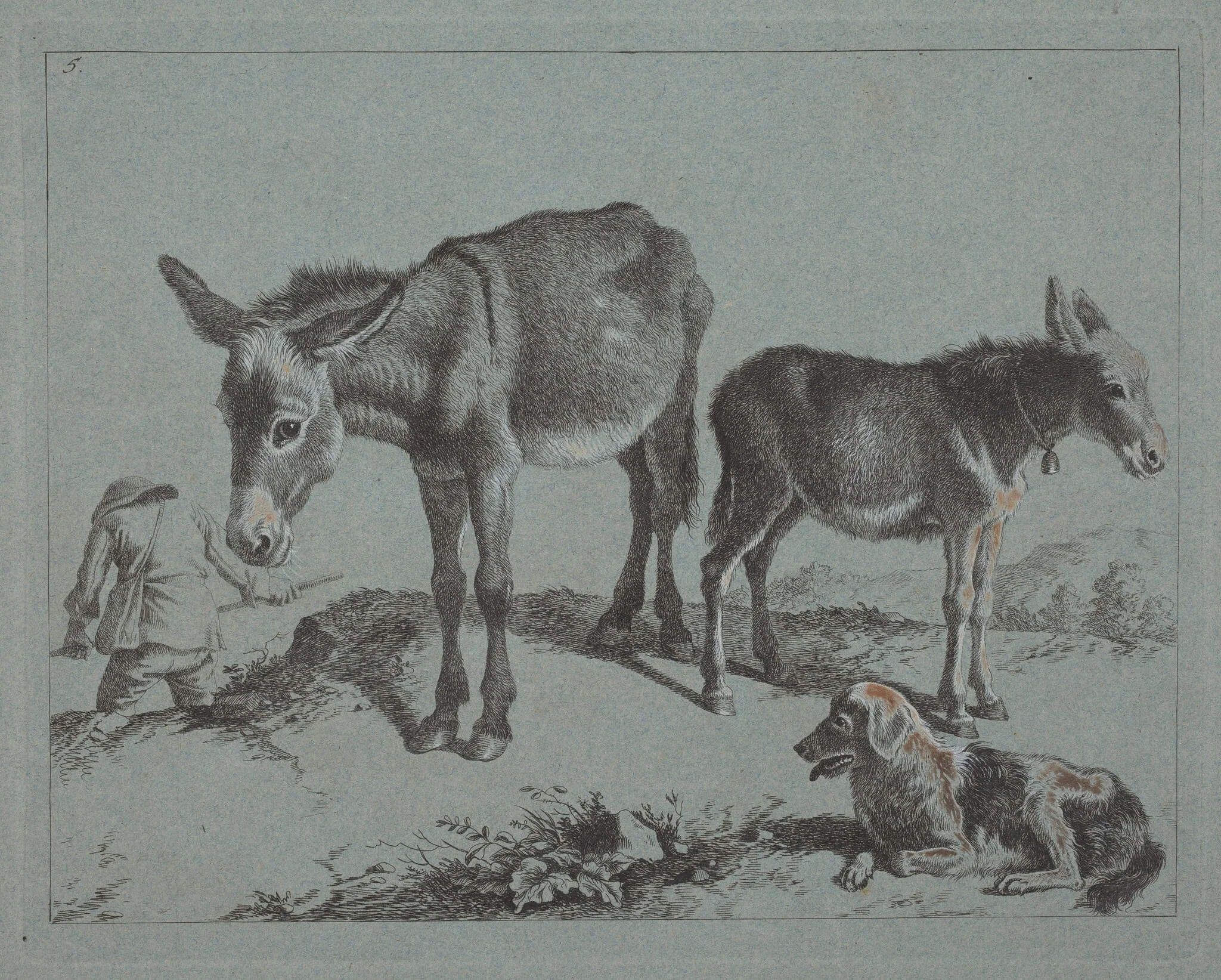 Donkey with her Foal, a Dog, and a Peasant Man, by Francesco Londonio, gouache, 1762