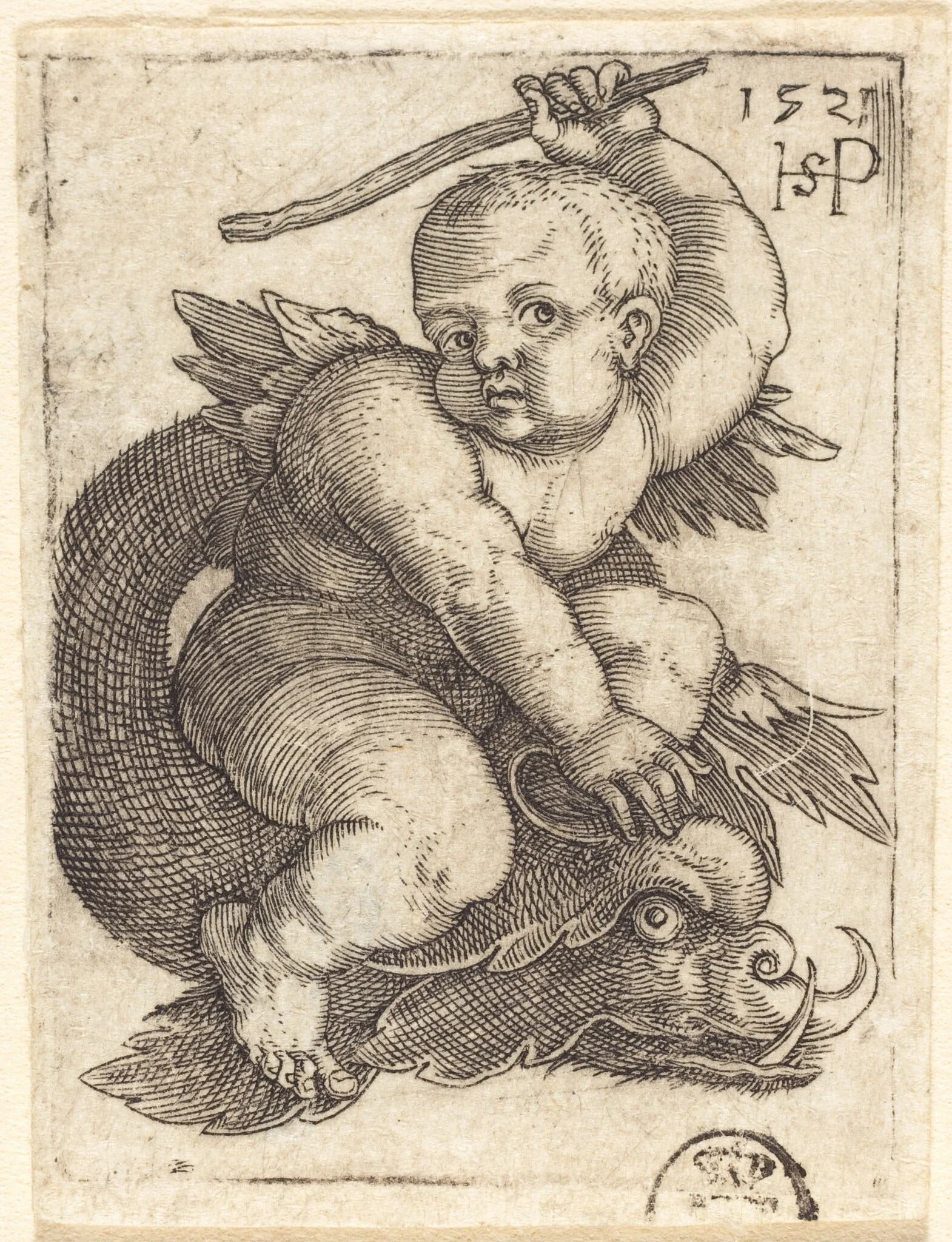 Genius on a Dolphin, Riding to the Right, by Sebald Beham, ink, 1521