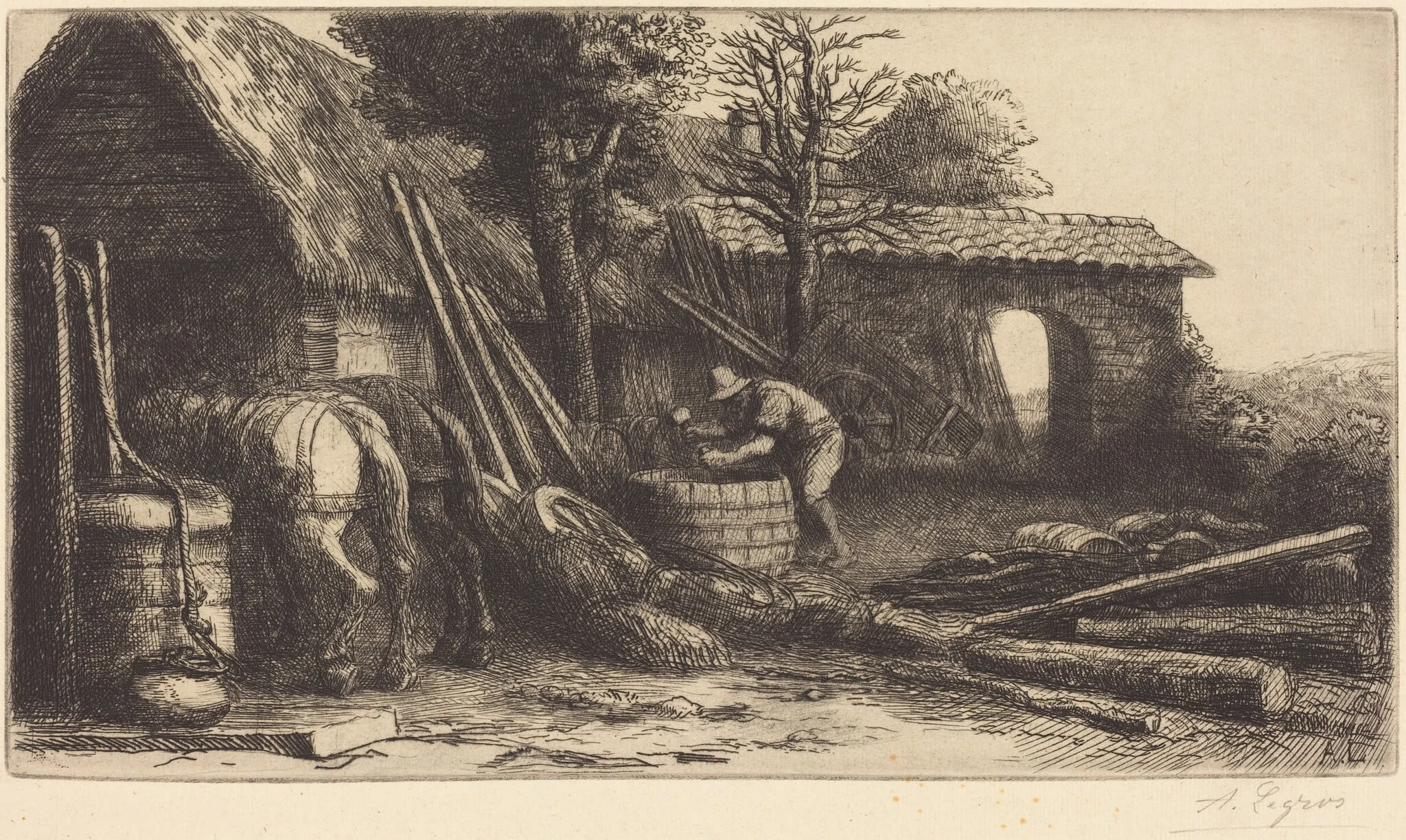 The Cooper (Le tonnelier), by Alphonse Legros, ink, 1874