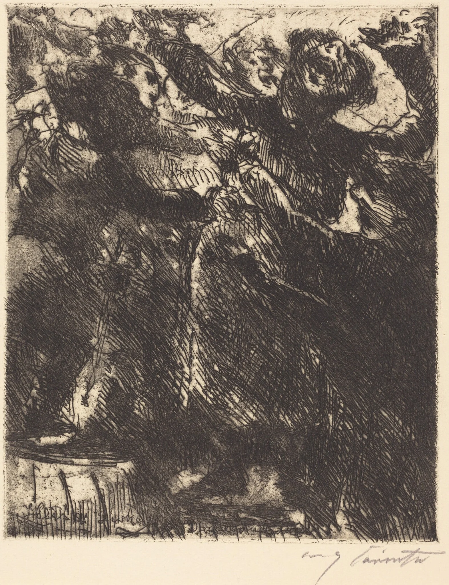 Kapuzinerpredigt—"Hetzt sich lieber herum mit der Dirn'" (The Capuchin's Sermon—"He Prefers to Run Around with a Girl"), by Lovis Corinth, ink, 1923