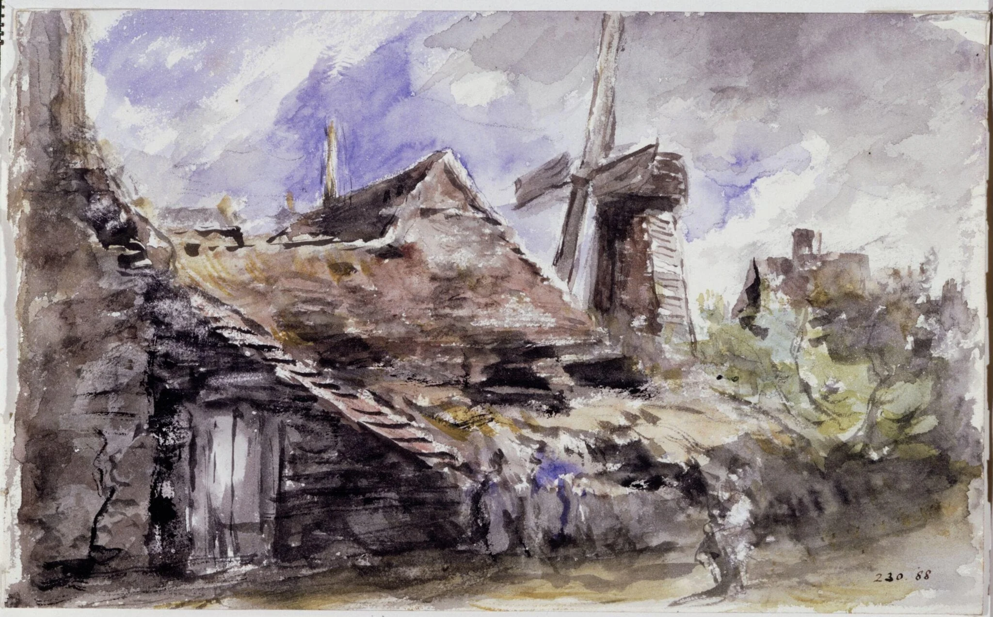 A village street with a shed, cottages and windmill, by John Constable, watercolor, 1834