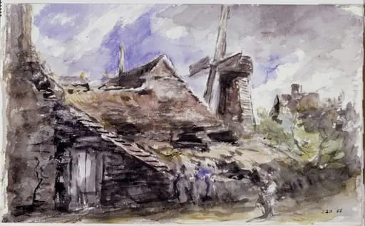 A village street with a shed, cottages and windmill
