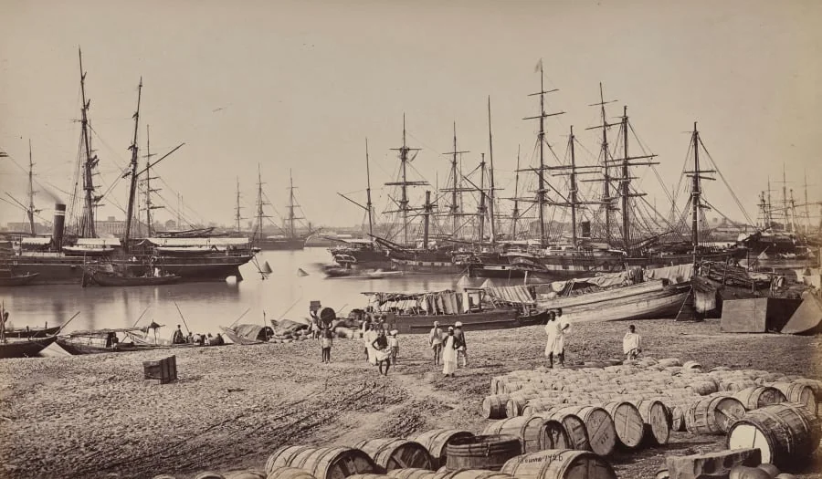 Calcutta. The Custom House Landing Place. Shipping in the River Hoogly, by Samuel Bourne, 1866