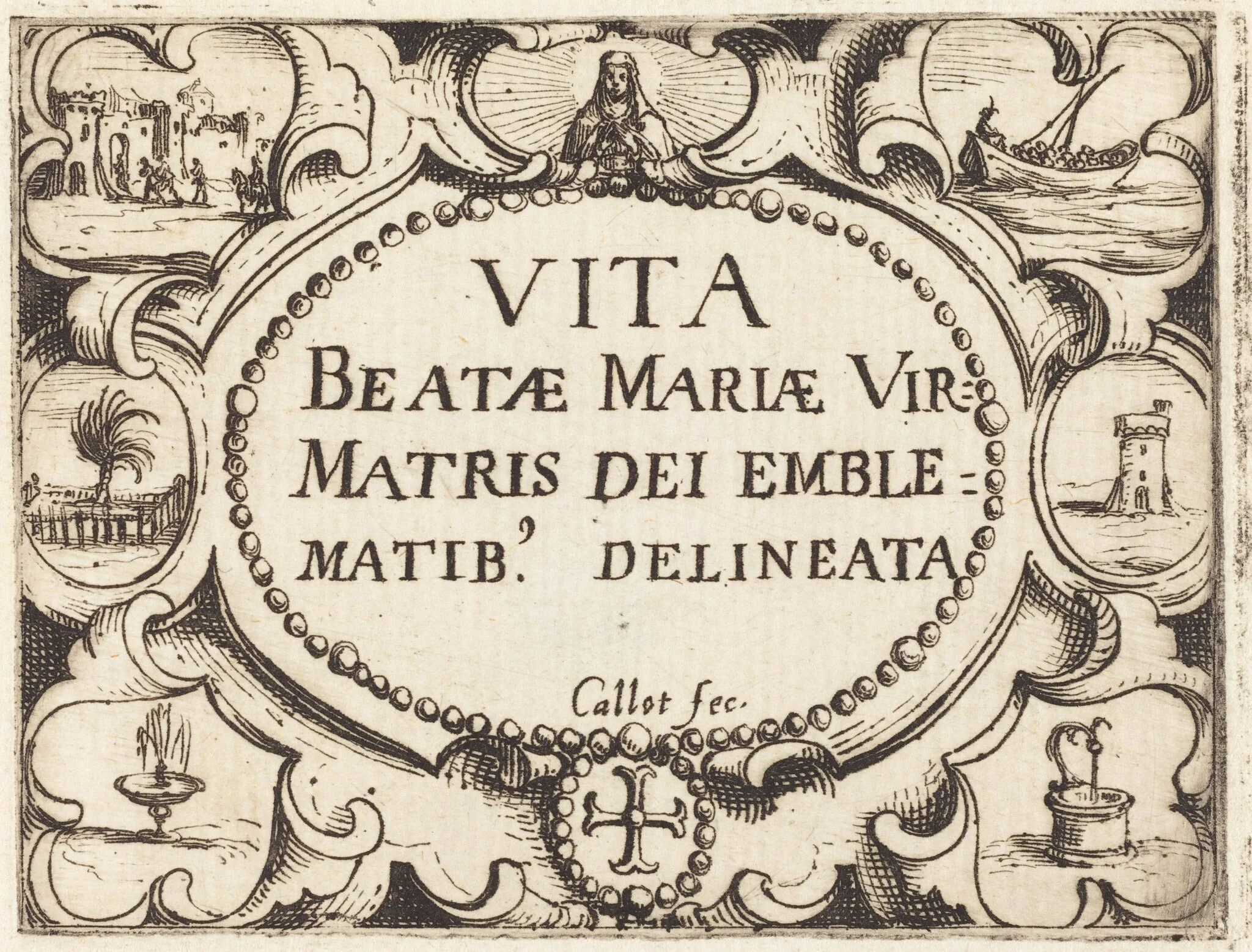 Title Page for "The Life of the Virgin in Emblems", by Jacques Callot, ink, 1628