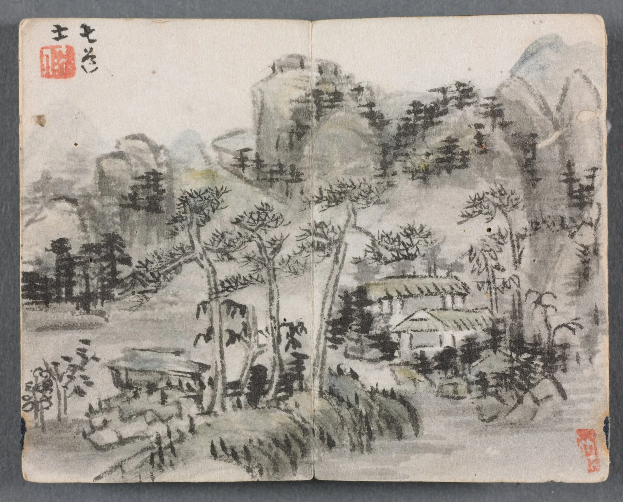 Miniature Album with Figures and Landscape (Landscape with Two Buildings), by Zeng Yandong, unspecified, 1822