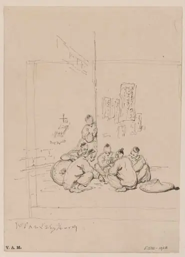 A group of Chinese figures at a street corner