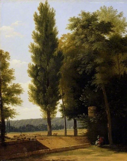 Landscape with sheep and a woman sewing, by Jean-Victor Bertin, oil, 1805