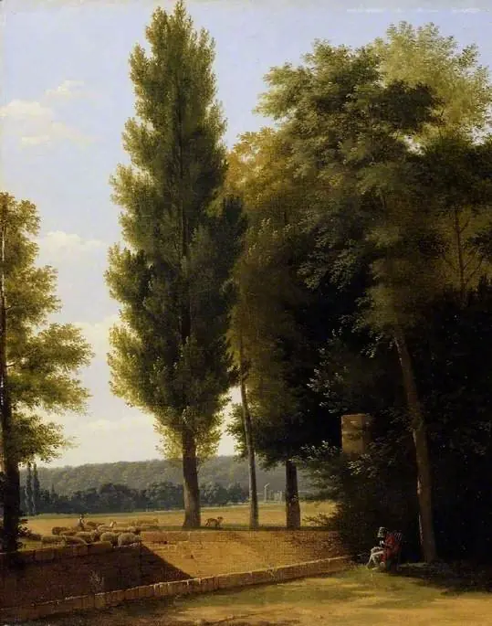 Landscape with sheep and a woman sewing