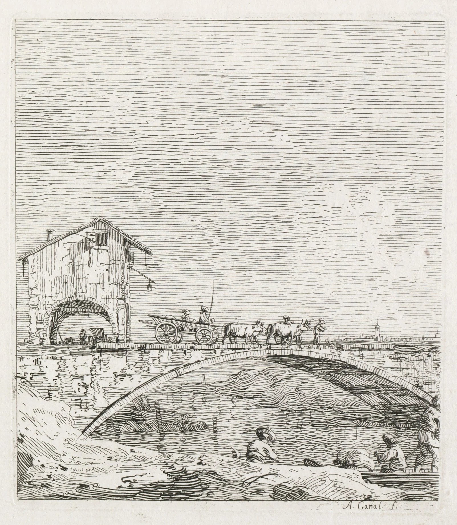 Views:  A Wagon Passing over a Bridge, by Canaletto, 1740