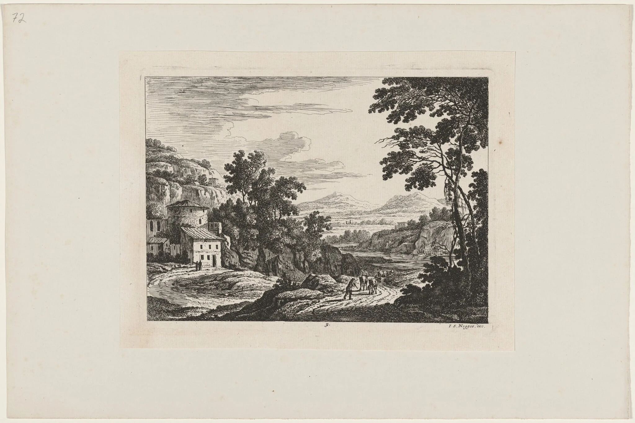Cattle Drover in an Italian Landscape, by Johann Christoph Dietzsch, ink, 1734