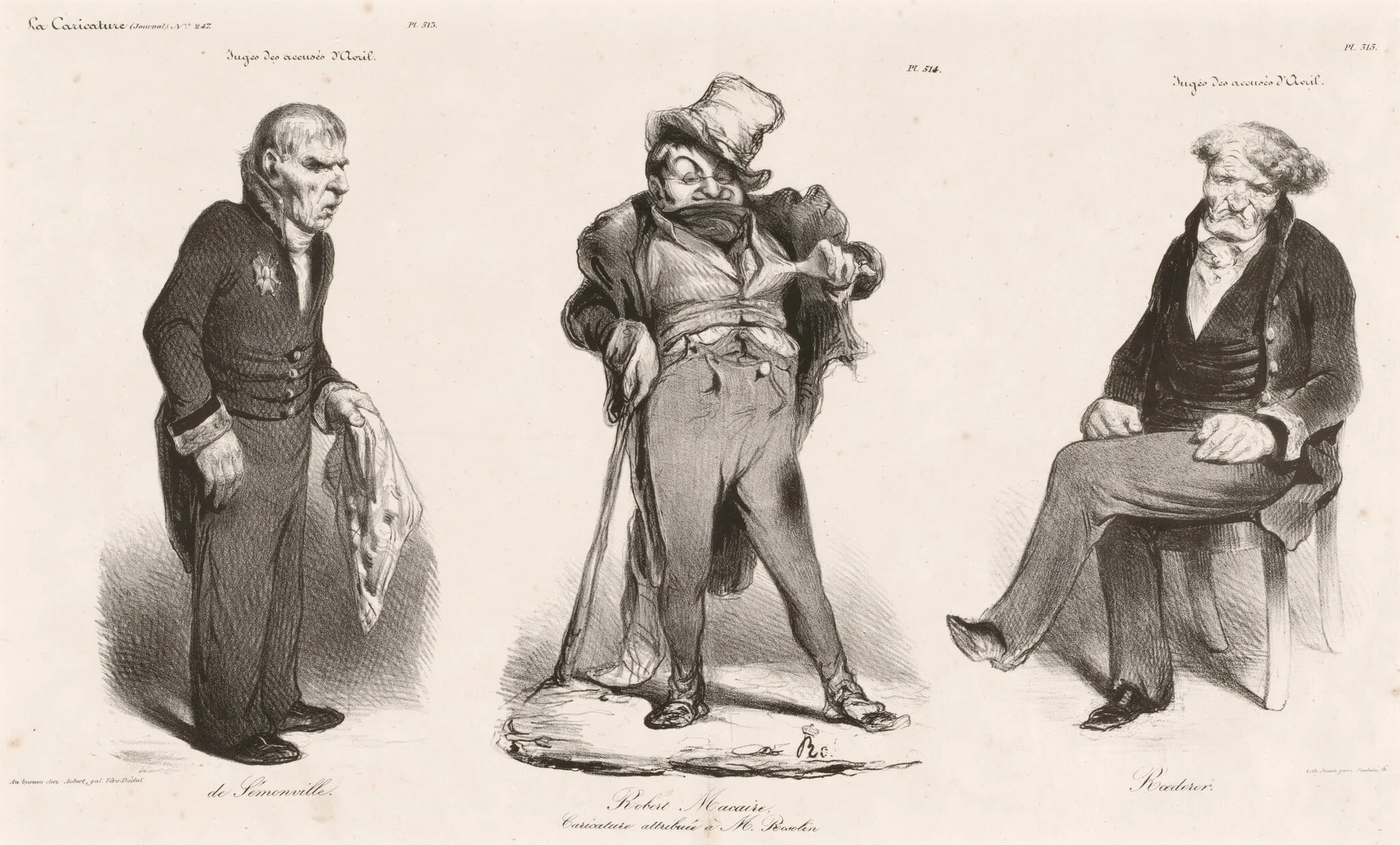 Huguet de Sémonville - Robert Macaire (Thiers) - Comte Roederer, by Honoré Daumier, ink, 1835