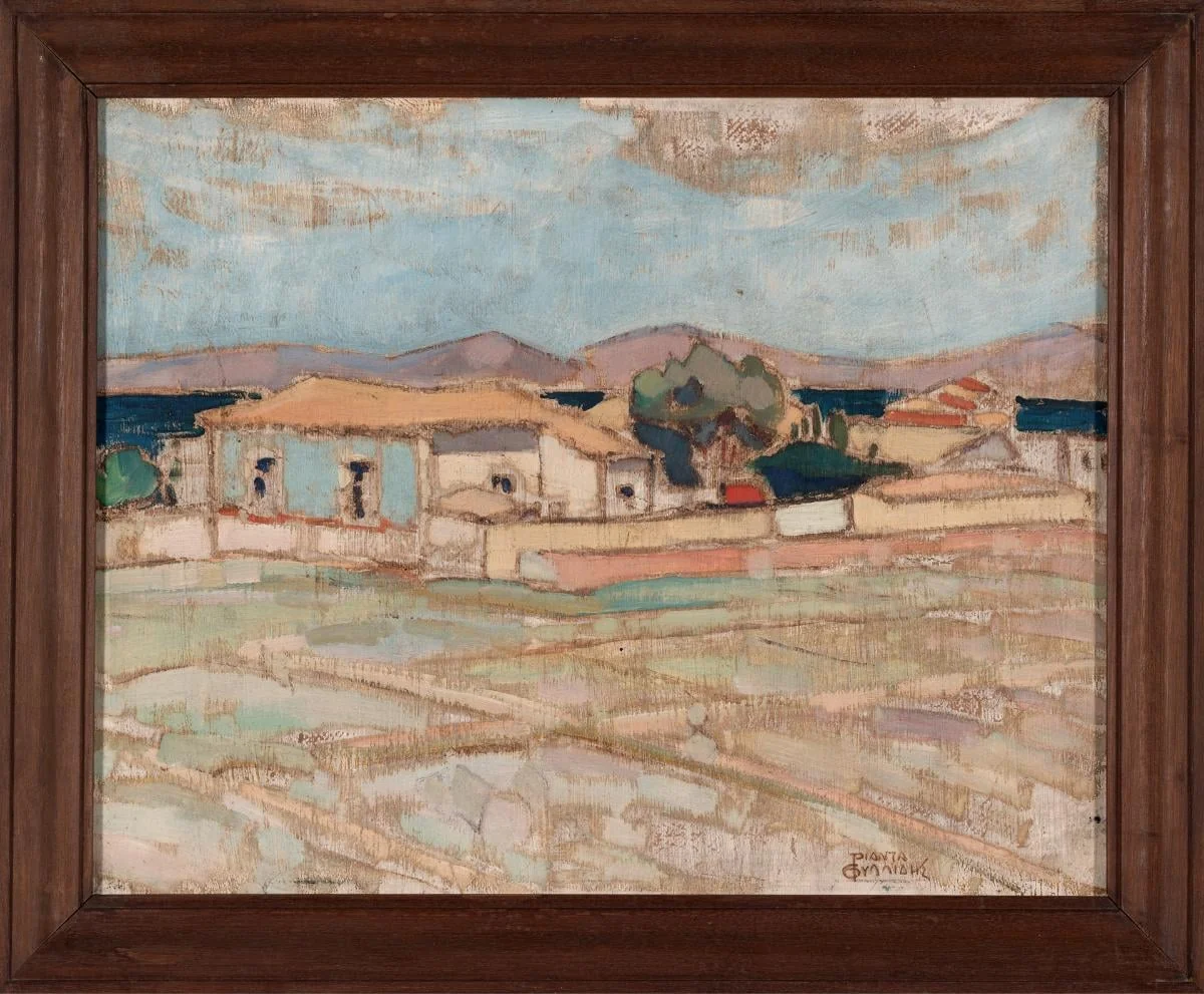 Landscape, houses, old market, by Triantafyllidis Theofrastos, unspecified