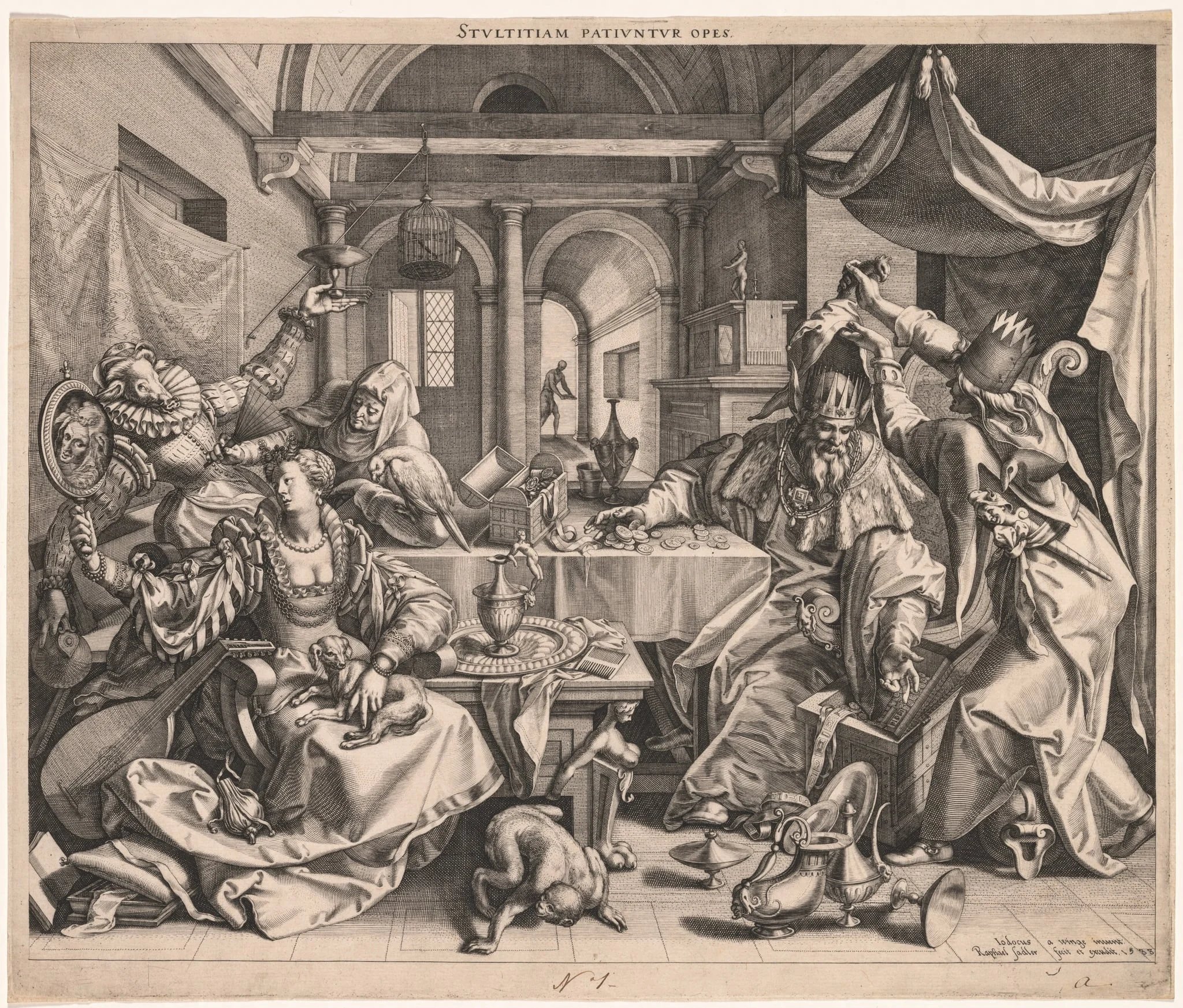 Stultitiam patiuntur opes (Wealth permits Stupidity), or, Allegory of Wealth, Lust, and Stupidity, by Raphael Sadeler, 1588