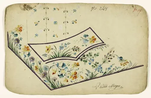 Composition de fleurs champêtres et bandes violettes, projets de broderies de gilet, XVIIIème siècle