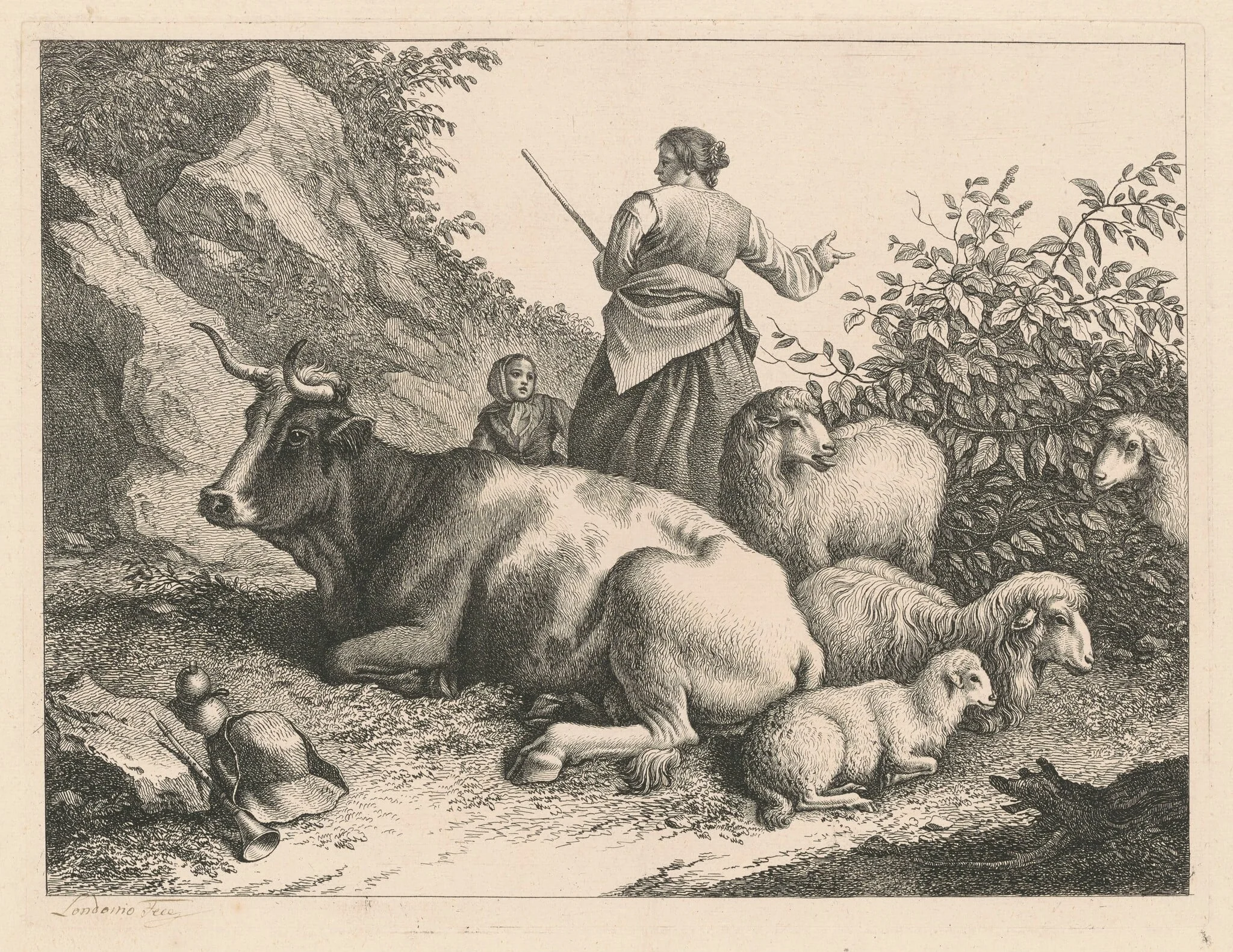 Standing Shepherdess with a Child, by Francesco Londonio, ink, 1776