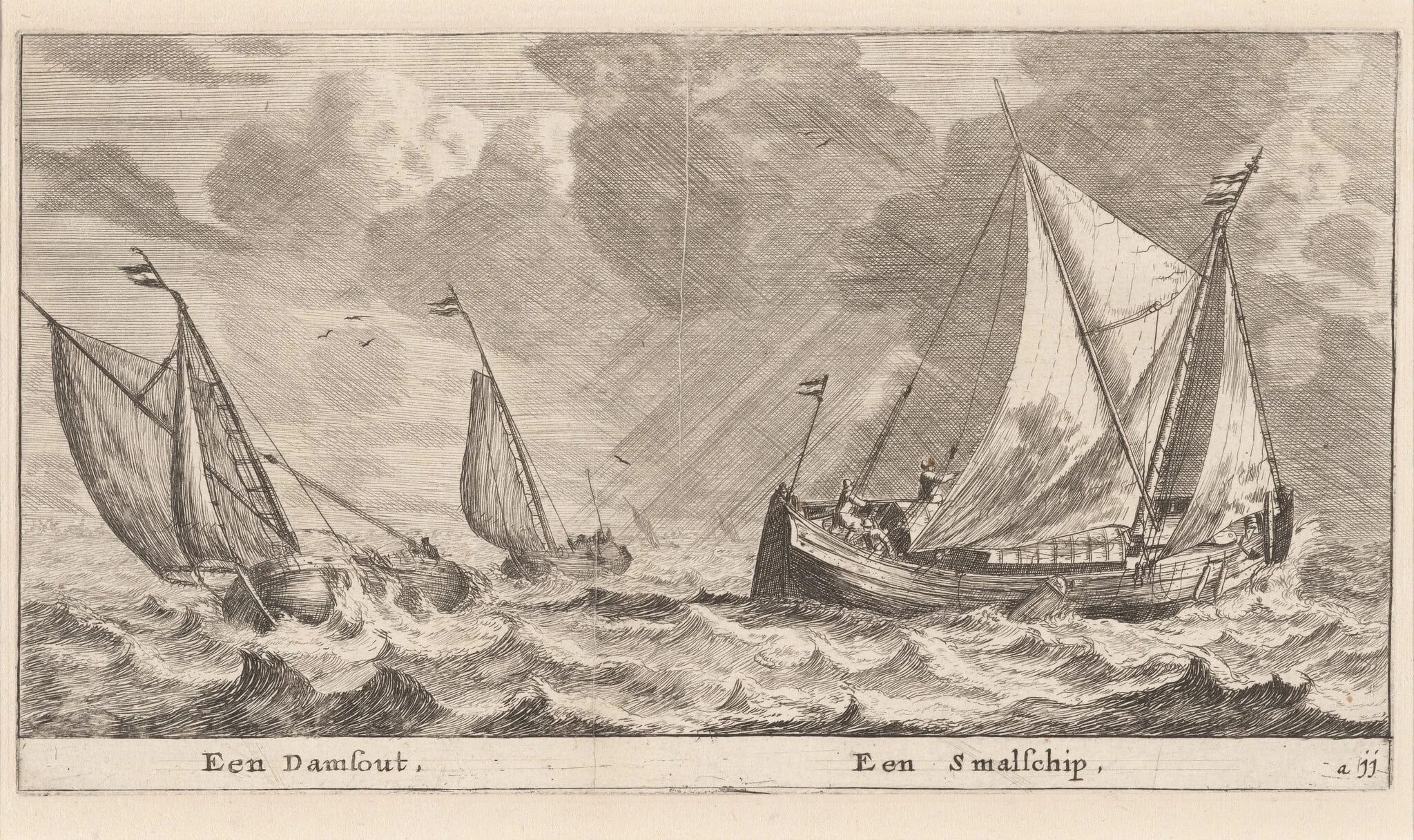 A Damschuit and a "Smalschip", by Nooms, called Zeeman, Reinier, ink, 1653