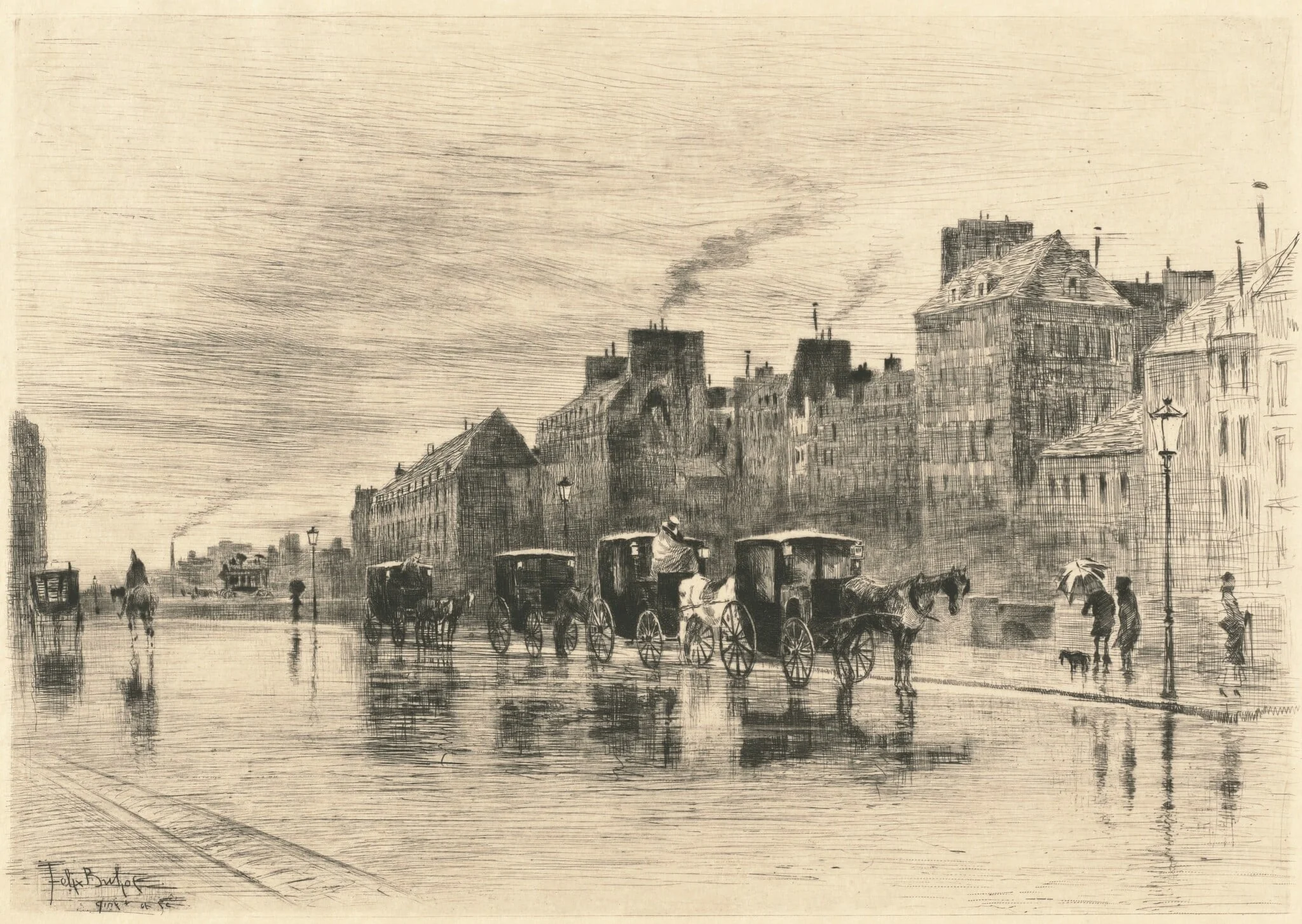 Une Matinée d'Hiver au Quai de l'Hôtel-Dieu (Winter Morning on the Quai de l'Hôtel-Dieu), by Félix-Hilaire Buhot, ink, 1876