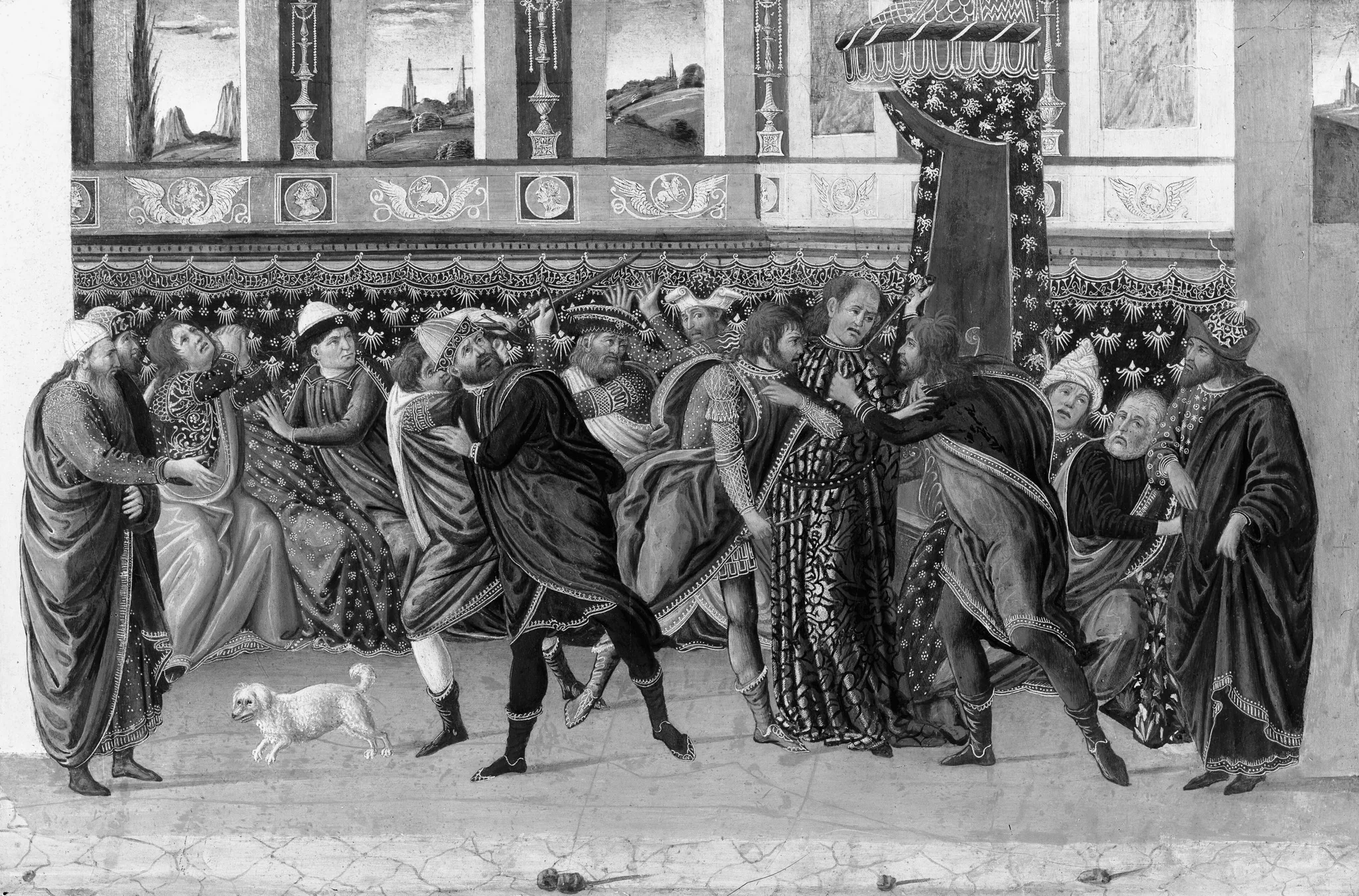 Julius Caesar's assassination, by Jacopo da Sellaio, paint, 1490