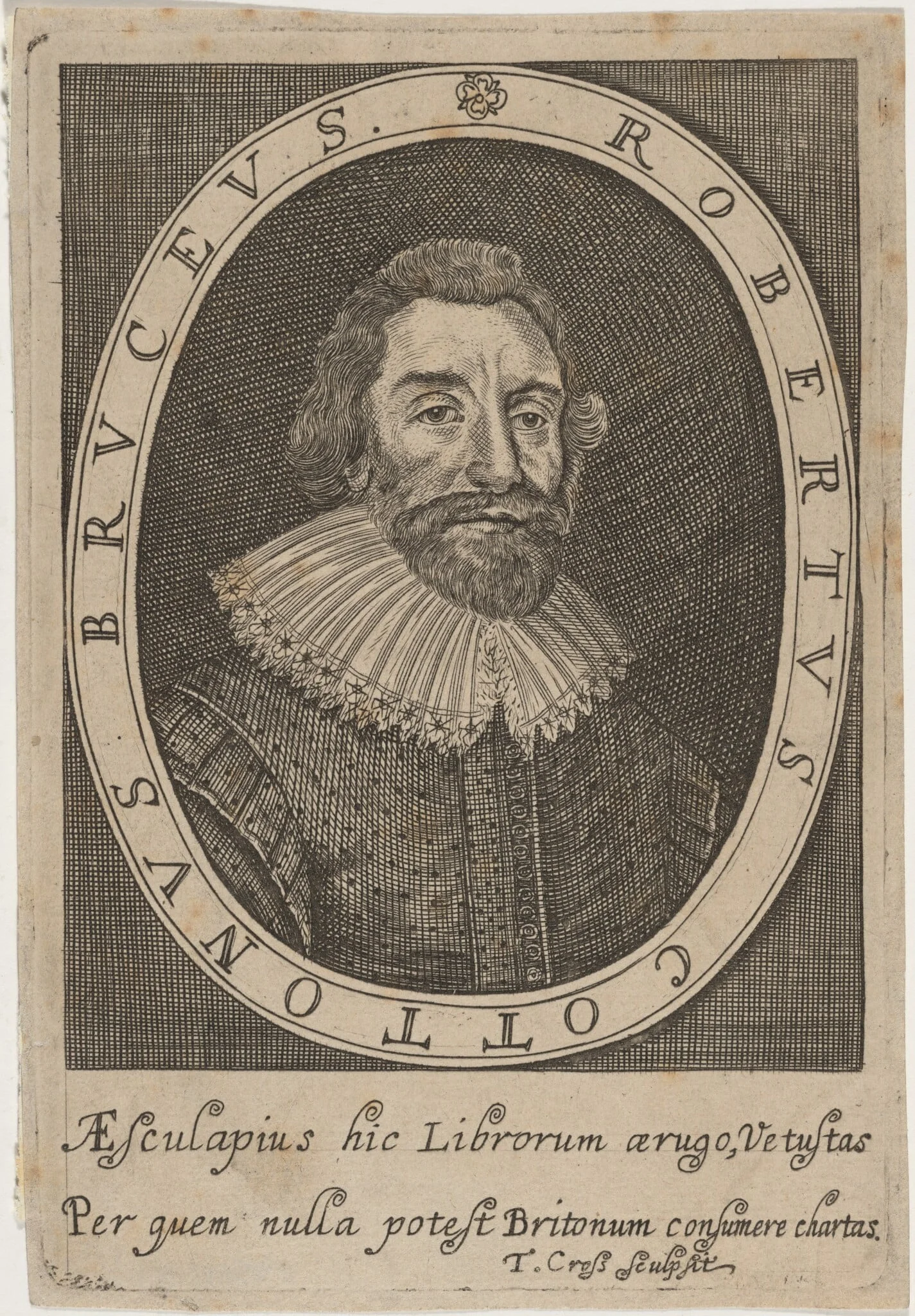 Robertus Cottonus Bruceus (Sir Robert Cotton), by Thomas Cross, ink, 1655