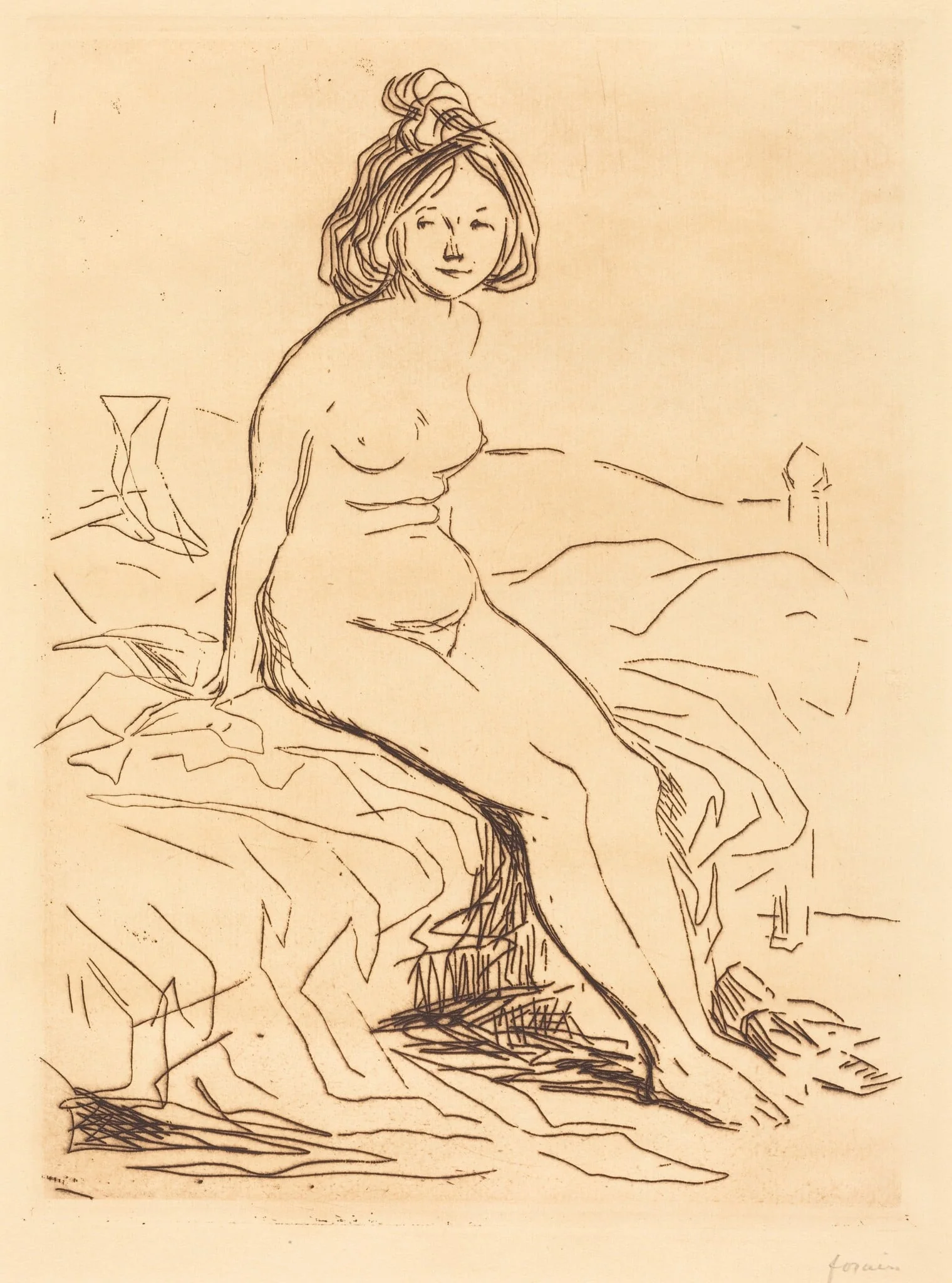 Femme nue, assise sur son lit, de face (Nude Woman, Seated on Her Bed, Front View), by Jean-Louis Forain, ink, 1909