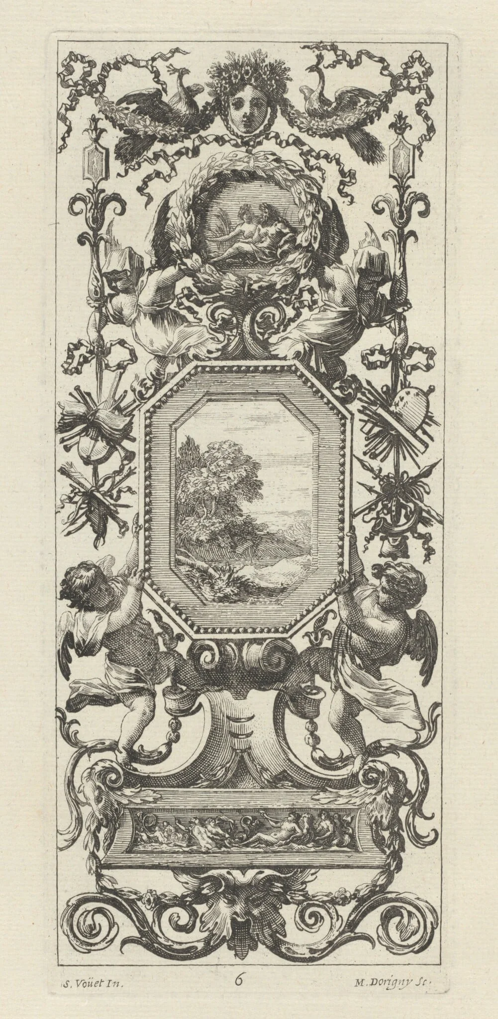 Ornamental Panel Surmounted by the Crowned Head of a Woman and Two Peacocks, by Michel Dorigny, ink, 1647
