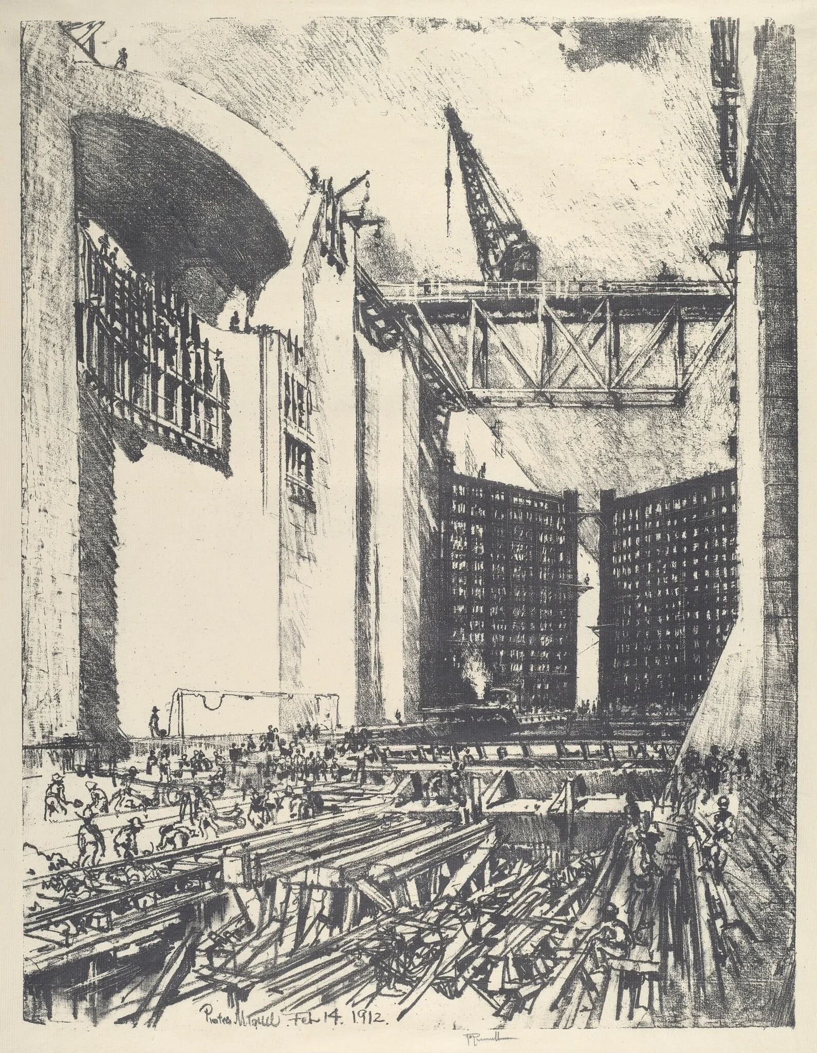 Laying the Floor of Pedro Muguel Lock, by Joseph Pennell, ink, 1912