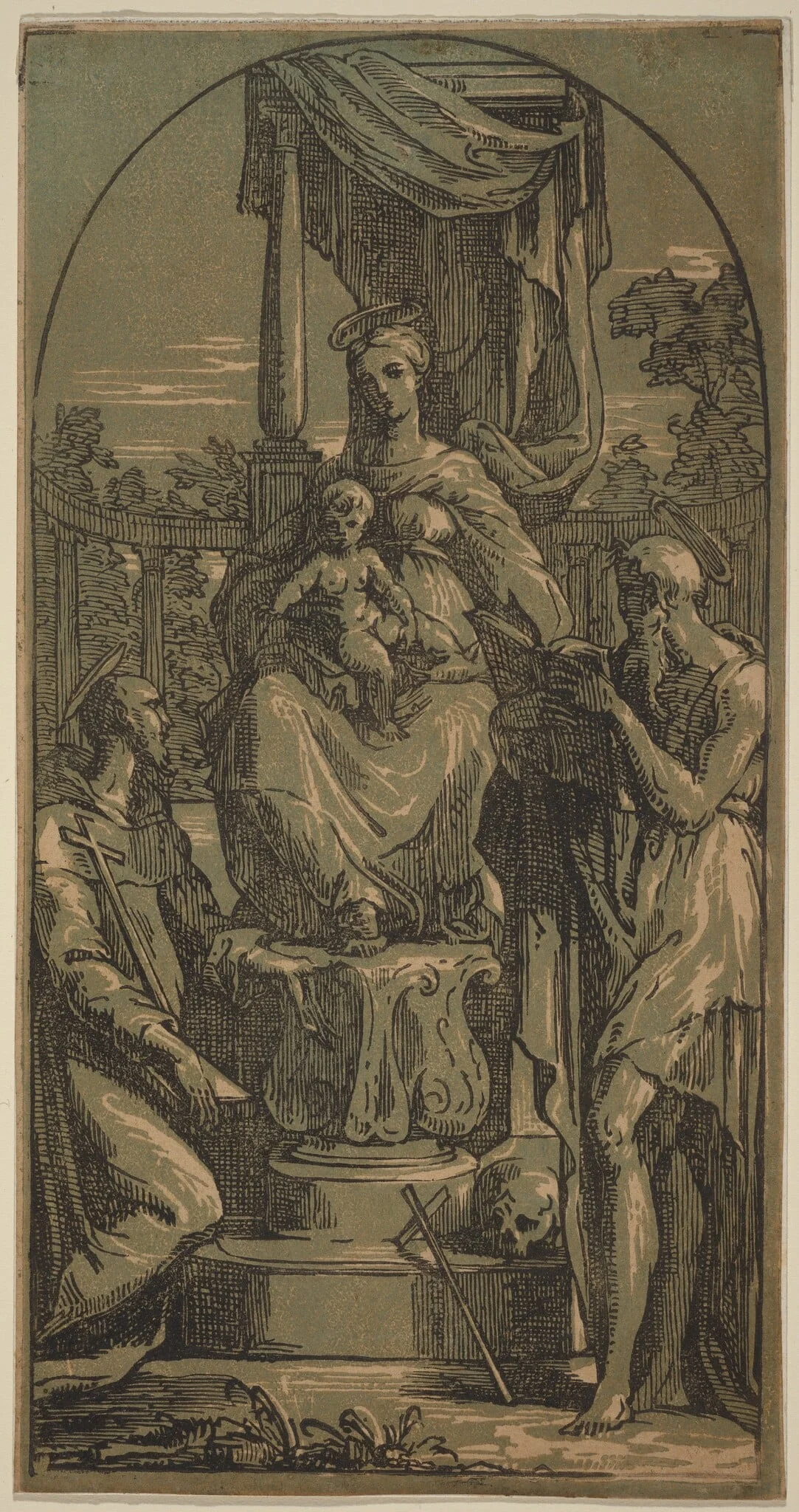 Madonna and Child Enthroned, Saint Jerome and Saint Francis, by Anton Maria Zanetti I, ink, 1730