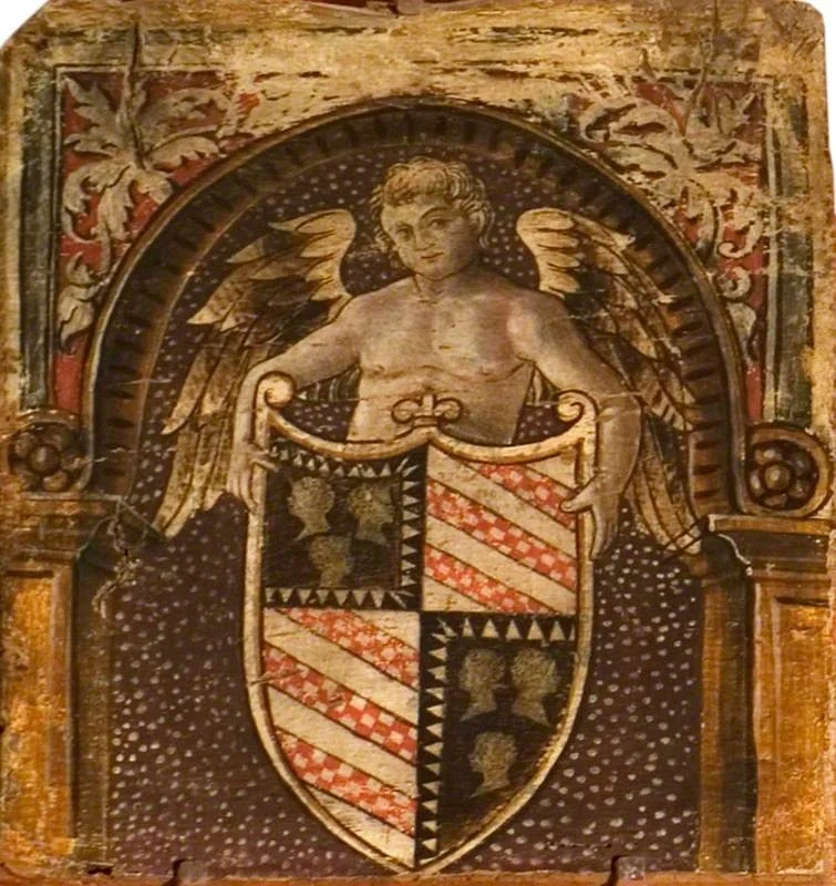 A Cupid with a Coat of Arms (one of 29 painted panels from a frieze)