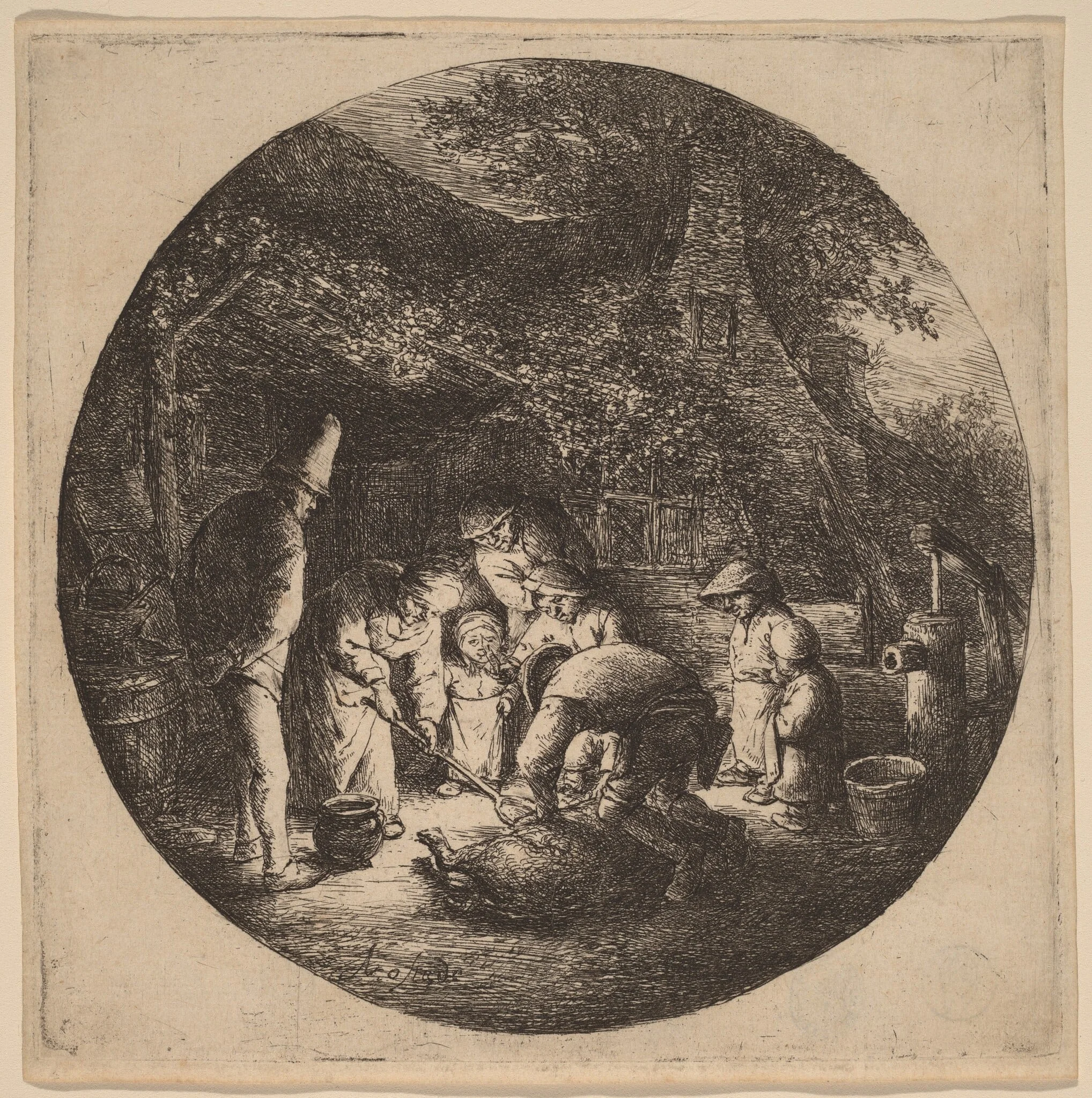 Peasants Outside a Farm Slaughtering a Pig, by Adriaen van Ostade, ink, 1652