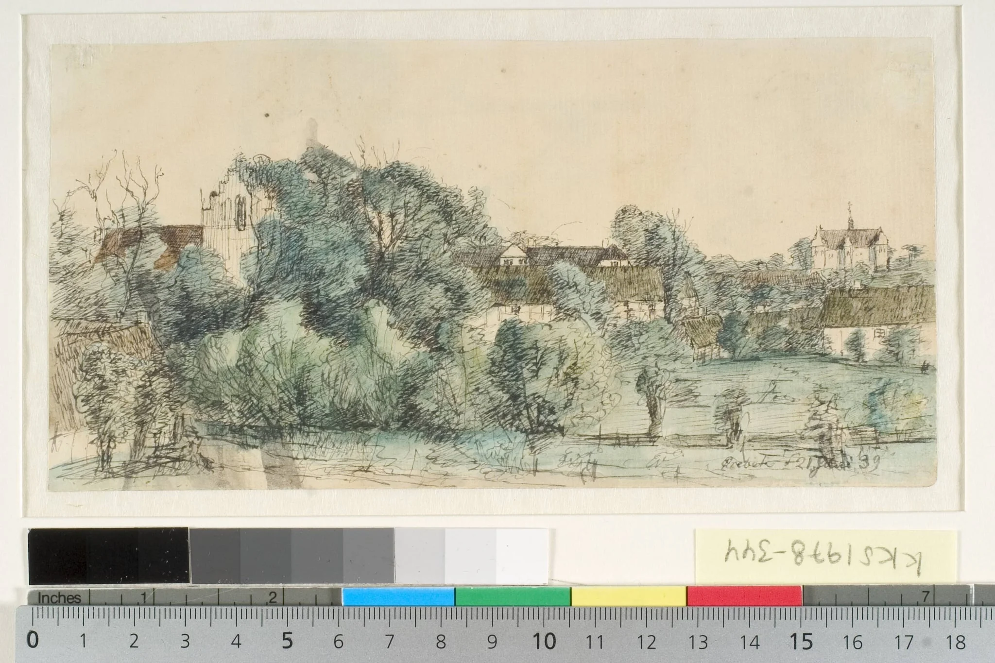 Udsigt mod Ørbæk præstegård og kirke, by Unknown, unspecified, 1839
