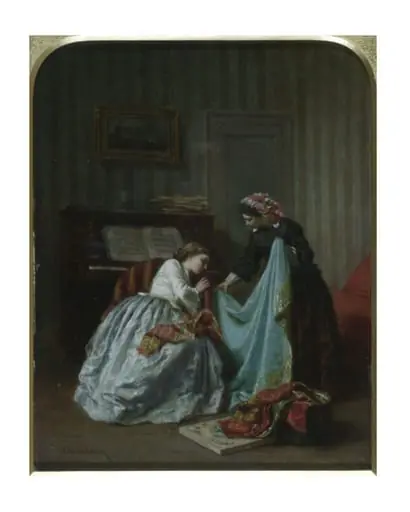 Interior with two women examining cloth