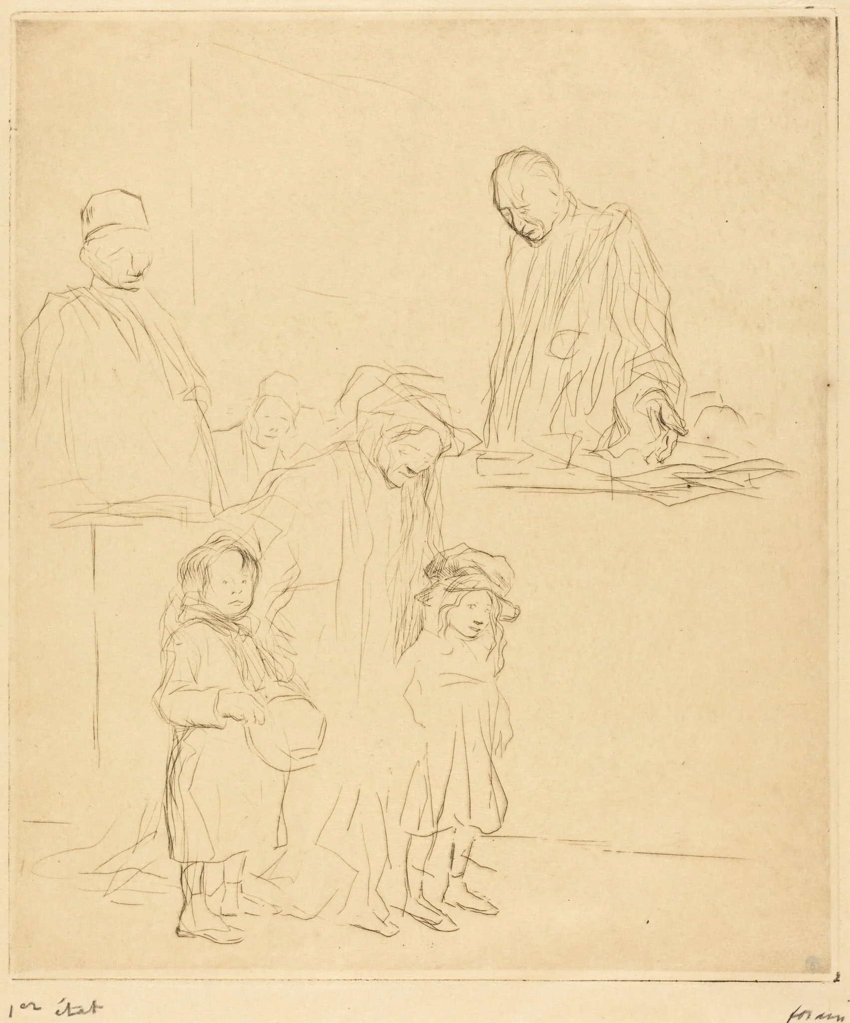La sortie de l'audience (1ère planche) (Coming Out of the Hearing) (first plate), by Jean-Louis Forain, ink, 1909