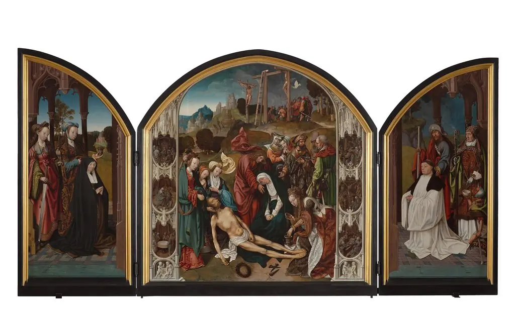 Ss Cecilia,Mary Magdalene with  donatrix,lamentation flanked by other six Sorrows of Mary, Ss James Great,Martin of Tours  an Augustine monk