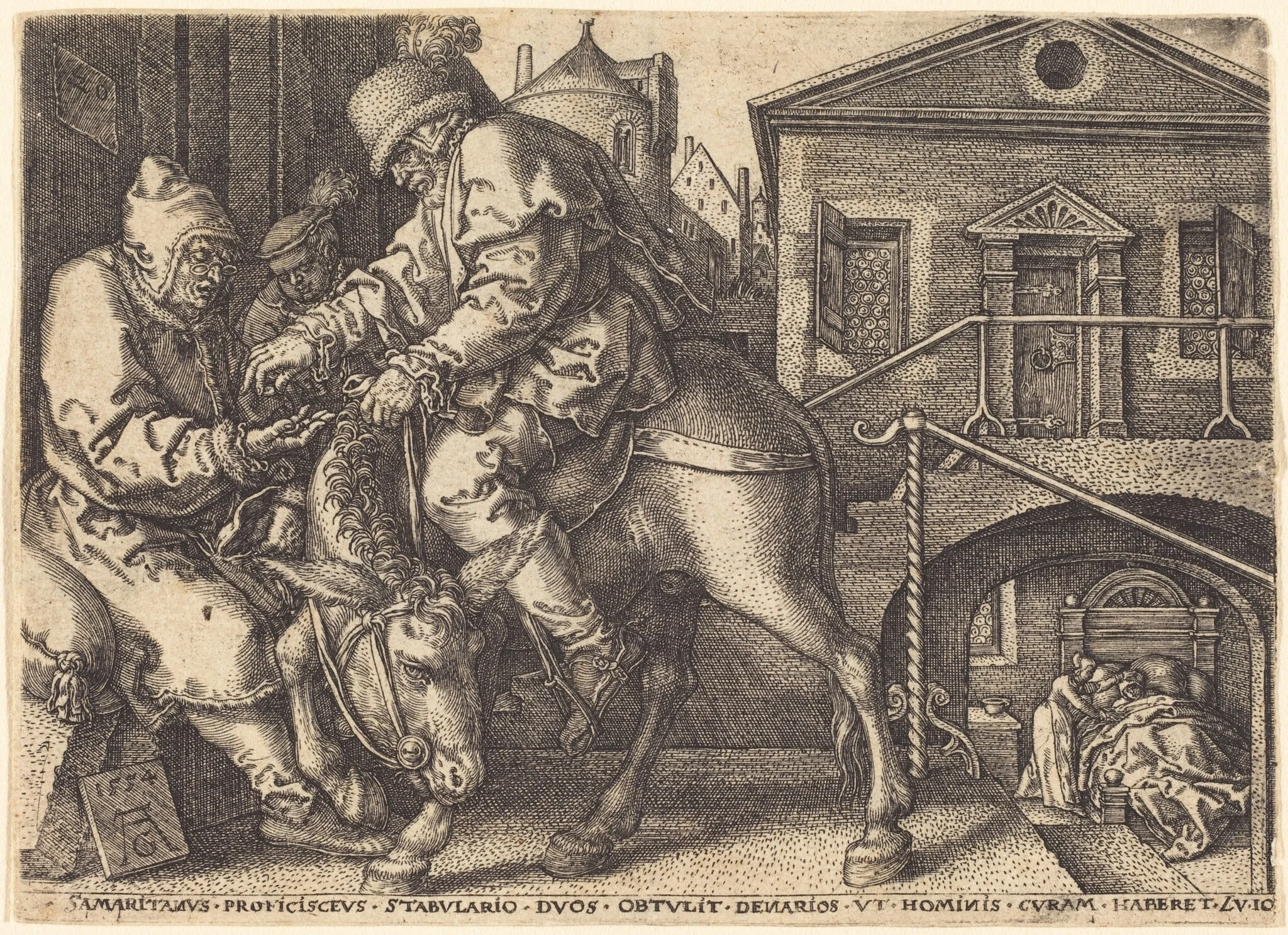 The Good Samaritan Paying for the Lodgings  of the Traveler, by Heinrich Aldegrever, ink, 1554