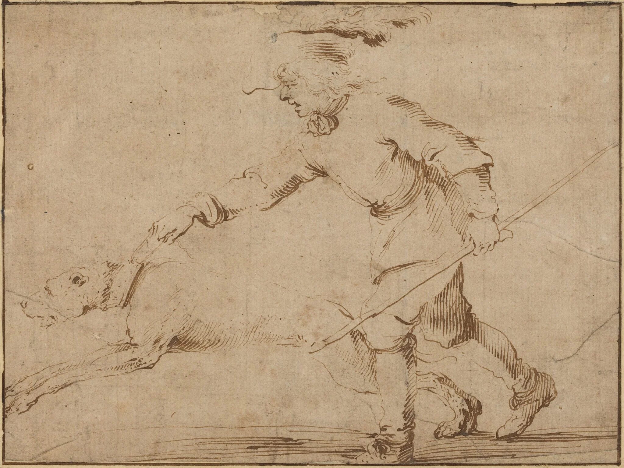 Huntsman with a Hound on a Leash, by Stefano Della Bella, ink, 1637