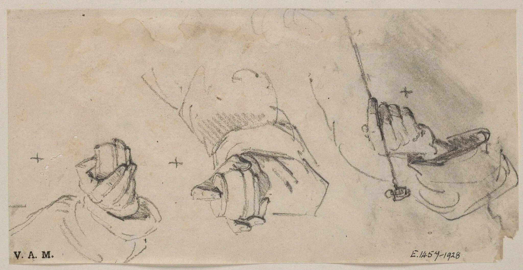 Three drawings of a hand grasping different objects