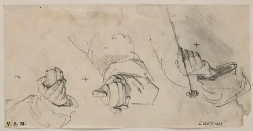 Three drawings of a hand grasping different objects