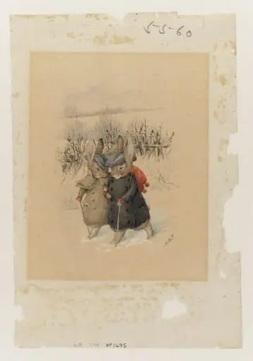 Two rabbits in hats and coats with walking sticks walking through snow